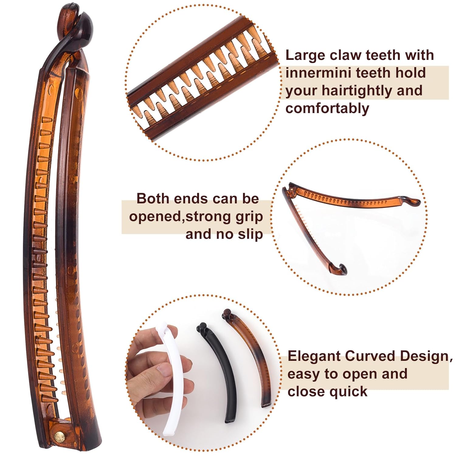 3pcs French Banana Clips, Non-Slip Classic Large Hairstyle Claws, Fish Shaped Double Combs Hair Holder for Women Curly Straight Long Thick Thin Hair- White & Black & Brown - Image 3