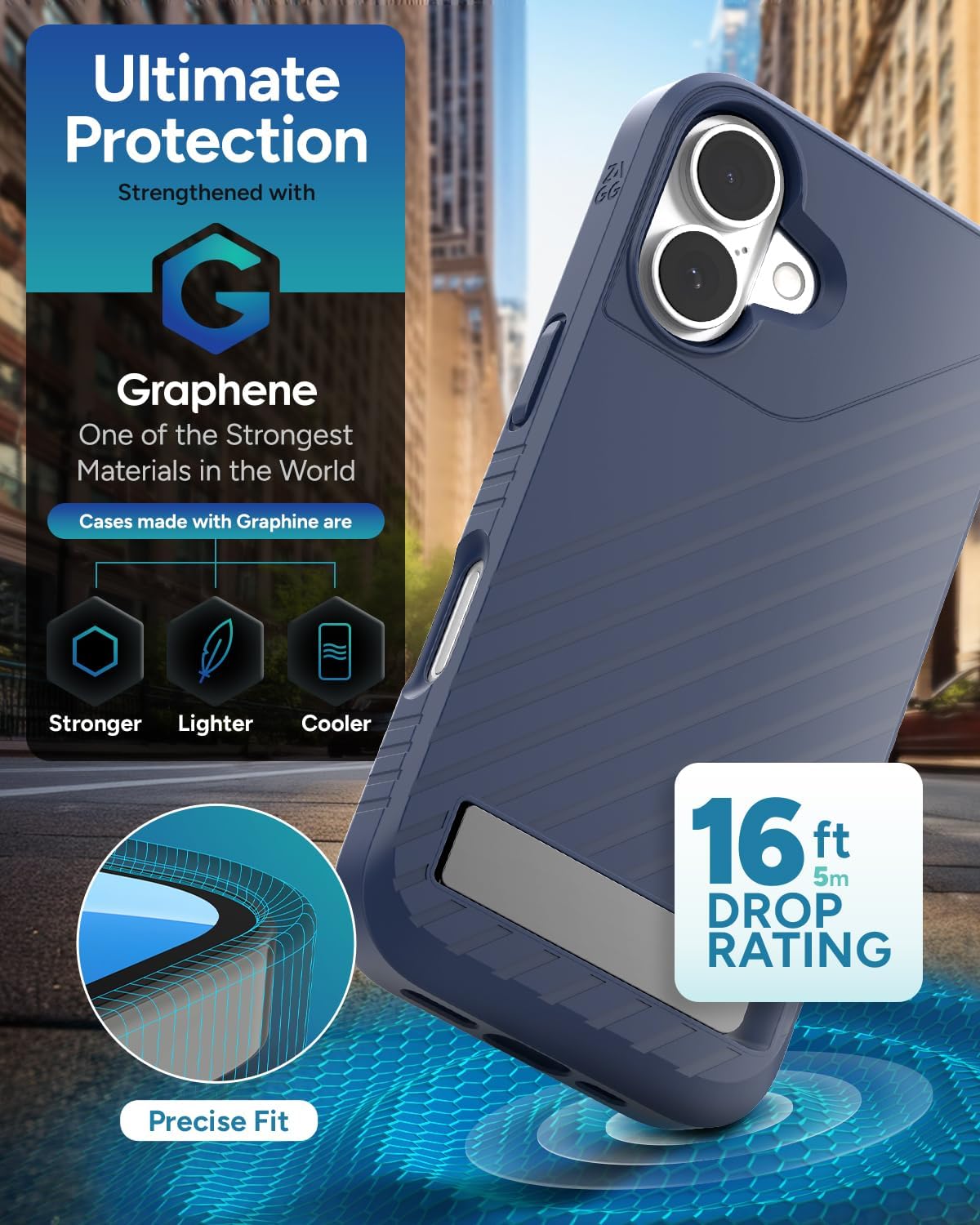 ZAGG Denali Snap with Kickstand Case for iPhone 16-16ft Drop Protection, MagSafe & Wireless Charging Compatible, Graphene Reinforced, Dual Layer Protection, Recycled Materials, Navy Blue