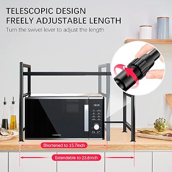 Microwave Oven Rack,Black,2 Tier Expandable with 6 Hooks