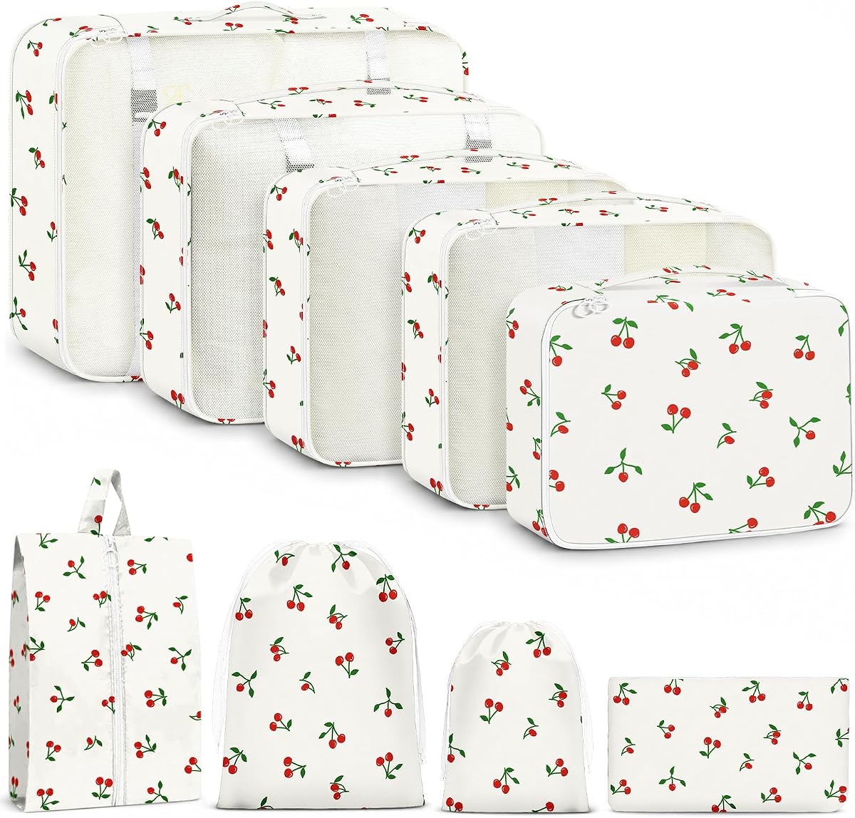 9 Set Packing Cubes for Travel Essentials - Lightweight Carry-On Luggage Organizer Bags with Shoe, Clothes & Laundry Bags for Airplane, Family & Business Travel, White Cherry