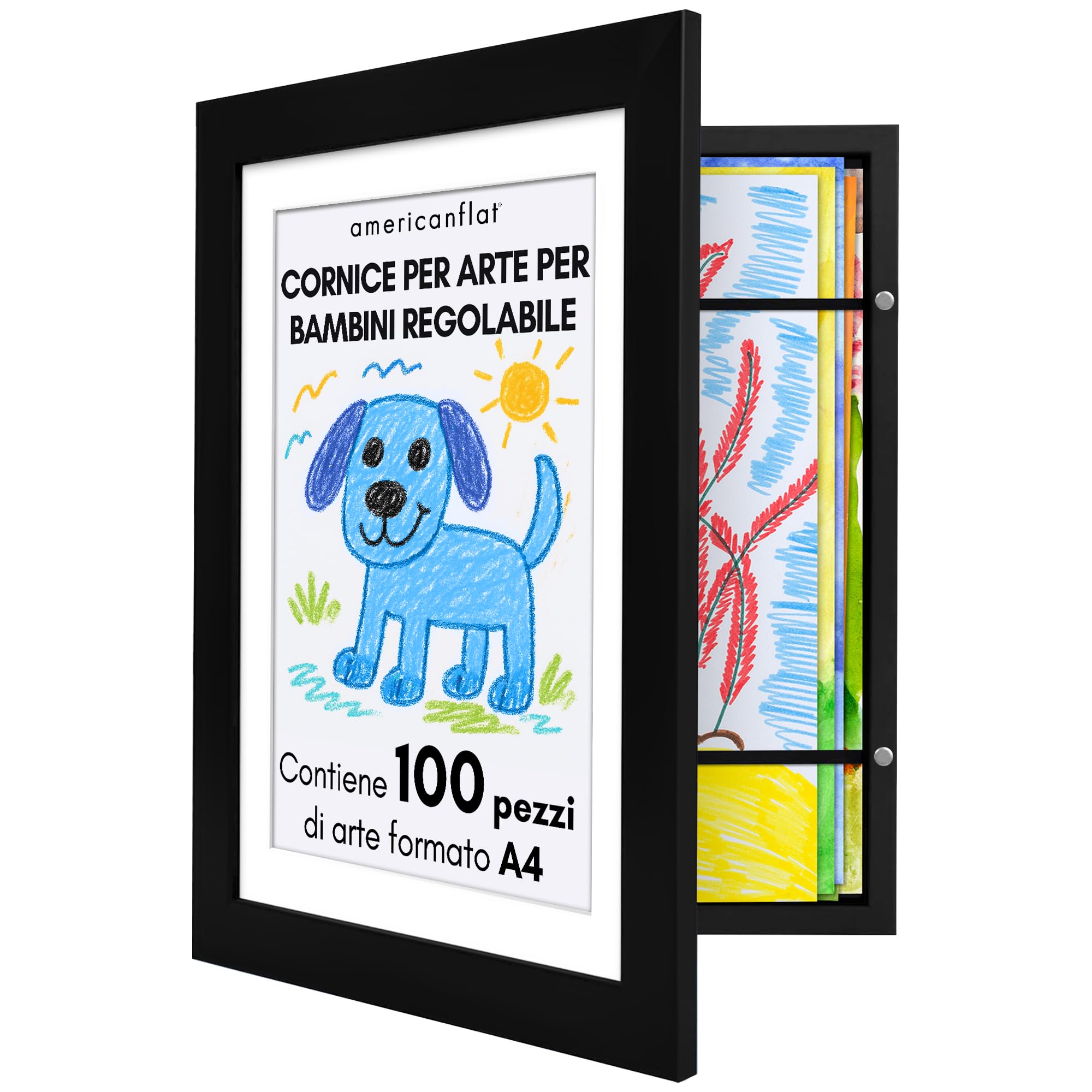 Americanflat Cornice Porta Disegni per Bambini (Nero) - Cornice A4 da Parete con Passepartout e 25,5x32 cm Senza Passepartout - Apertura Frontale con Vetro Infrangibile