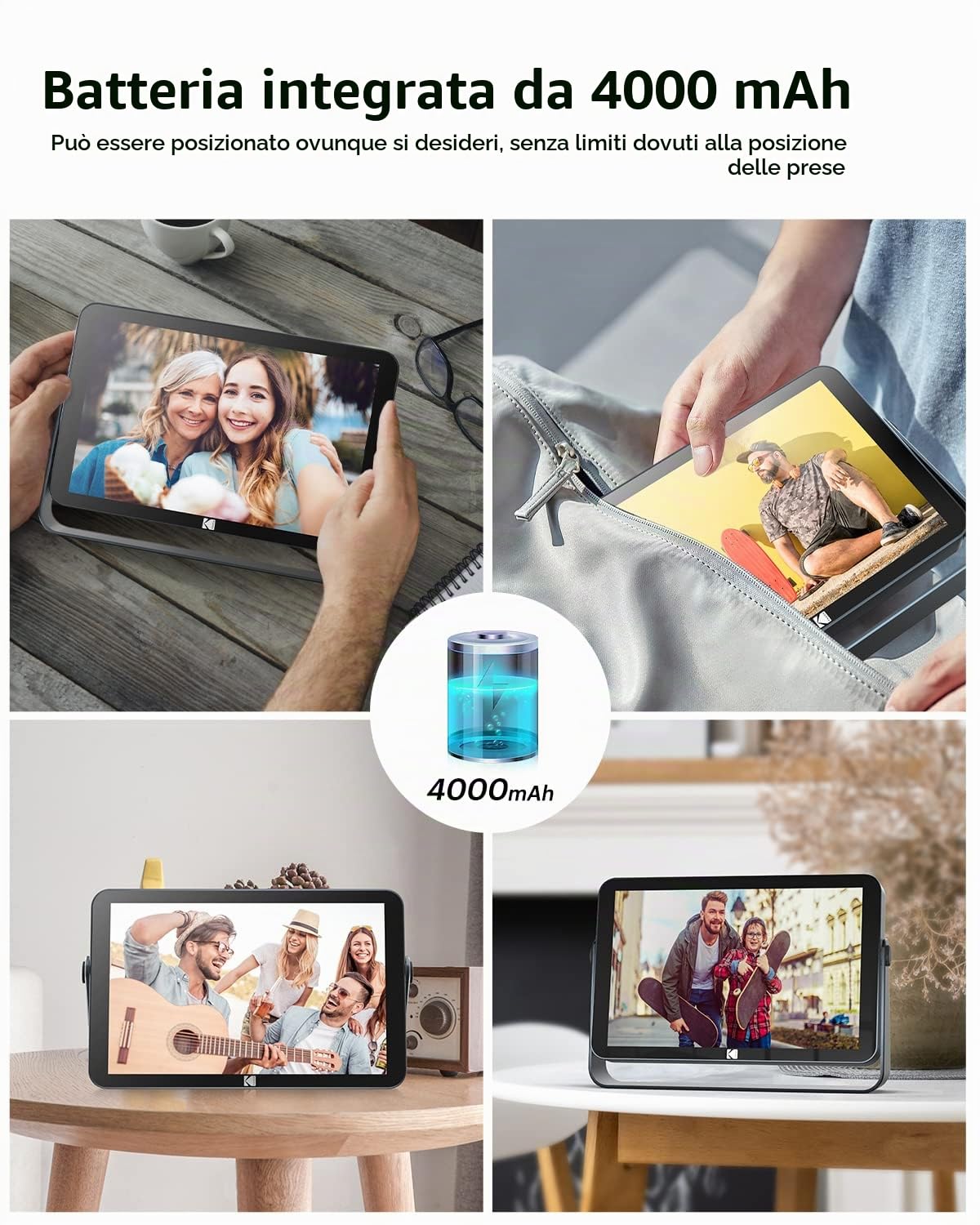 KODAK Cornice Digitale WiFi 10 Pollici, IPS Touch Screen, Batteria Integrata da 4000mAh, condividi foto e video tramite APP, Calendario, Sveglia, Tempo metereologico