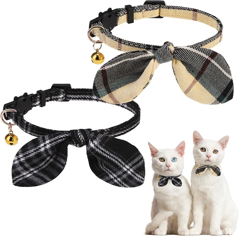 Coleira para Gatos com Fecho Breakaway, Gravata-Borboleta e Guizo, Estampa Xadrez, Ajustável, KOOLTAIL, Pacote com 2