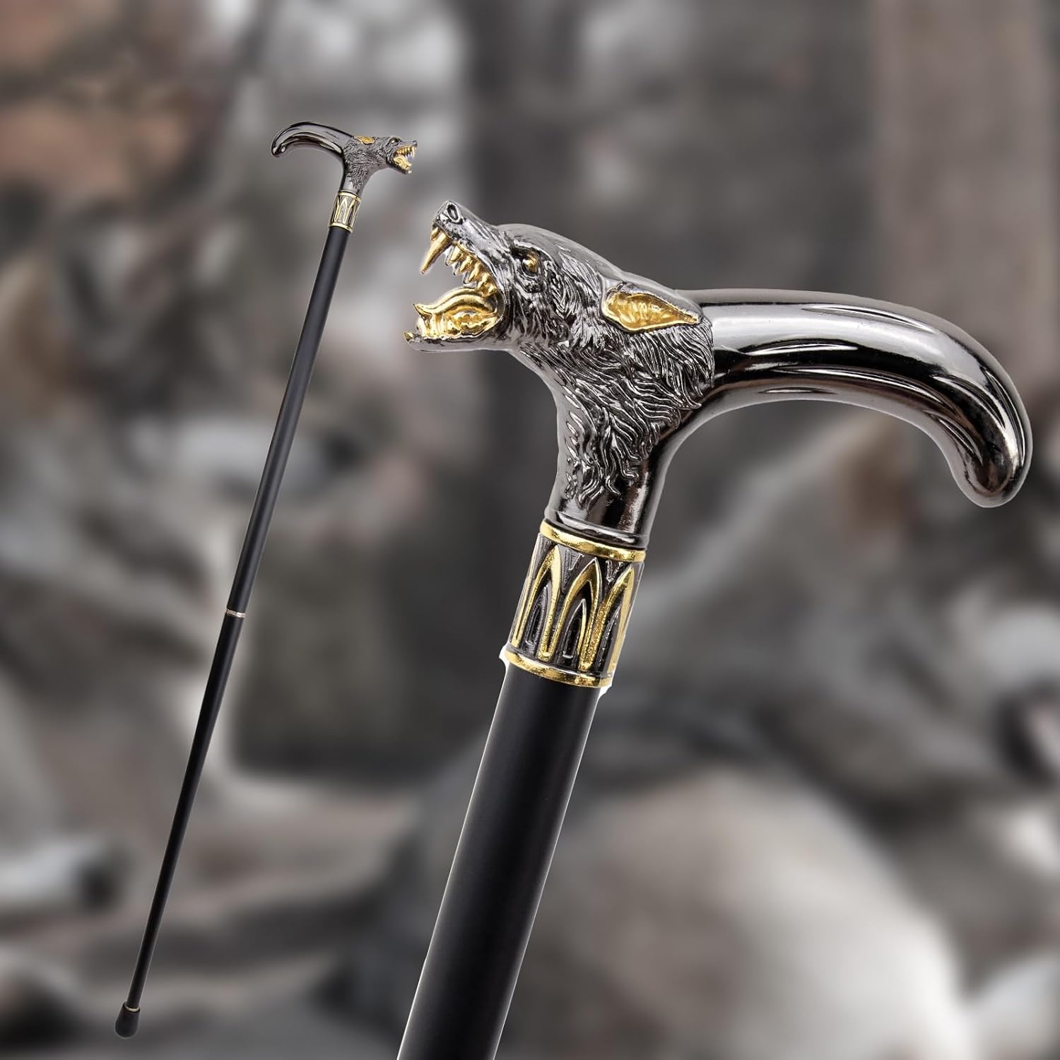 Blck Gold Wolf Head Metal Straight Handle Gentleman's Walking Stick, Accessory for Everyday Use Drama Cosplay 36"