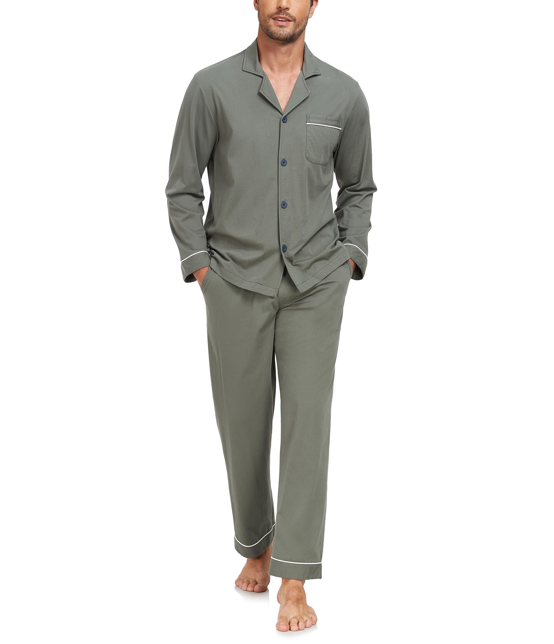 colorfulleaf Men's Cotton Pyjamas Set Adults Sleepwear PJs Sets Lightweight Striped Lounge Wear Soft Top Bottom Pyjamas-picture-34