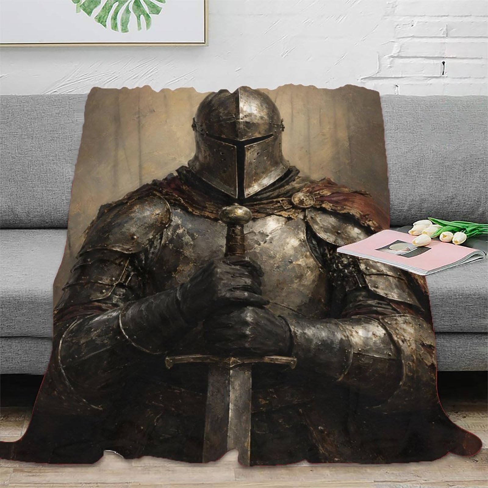 W7C8U2X3 Medieval Knight Armor Portrait Blanket, Flannel, Bedroom