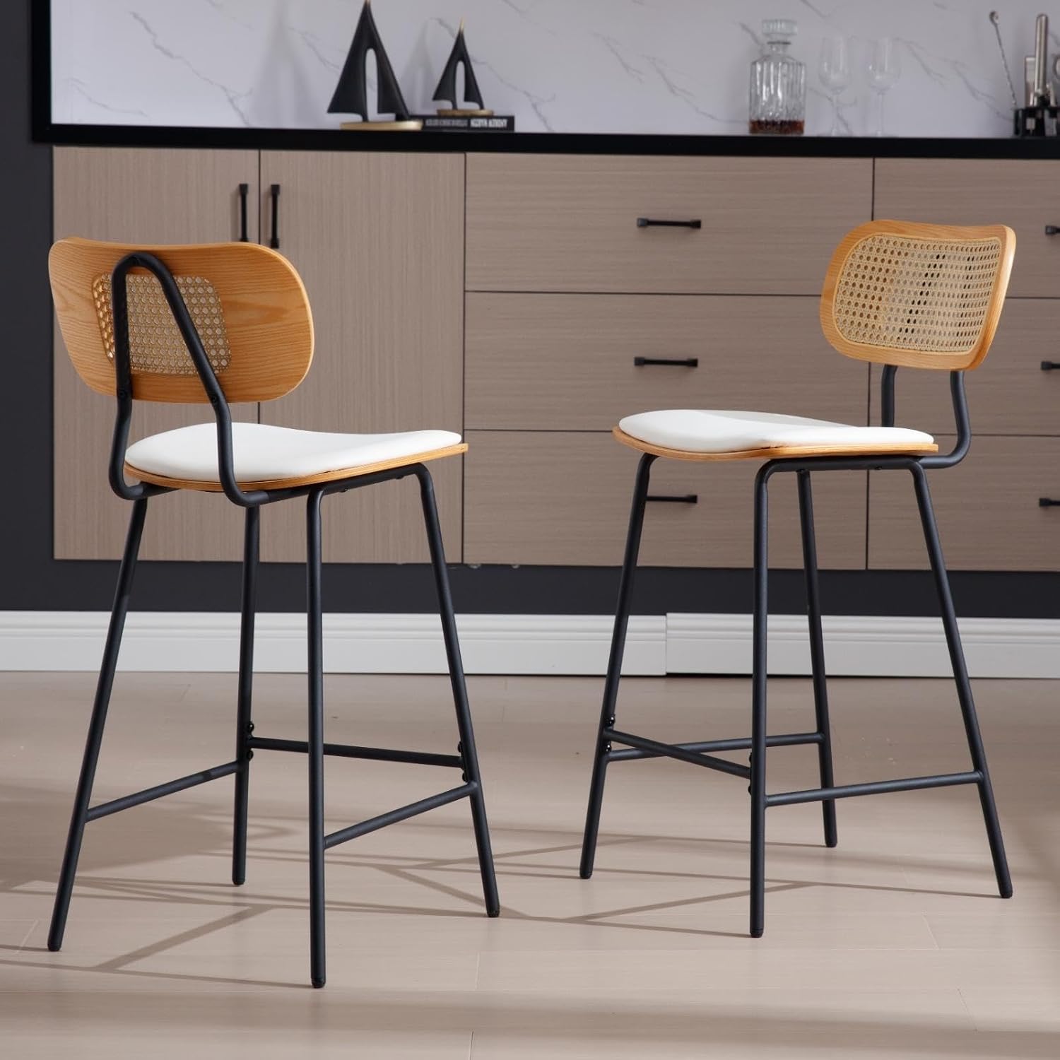 DUOMAY Modern Bar Stools Set of 4, 26" Counter Height Barstools with Rattan Back, PU Upholstered Kitchen Island Chair with Black Metal Legs for Home Bar Coffee Shop, White