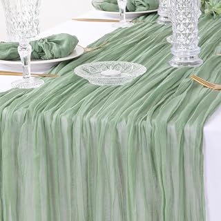 Sage Green Cheesecloth Table Runner 35" x 120" Boho Gauze Table Runner 10Ft Wrinkled Sheer Table Runner for Wedding Halloween Thanksgiving Xmas Bridal Baby Shower Party Decor