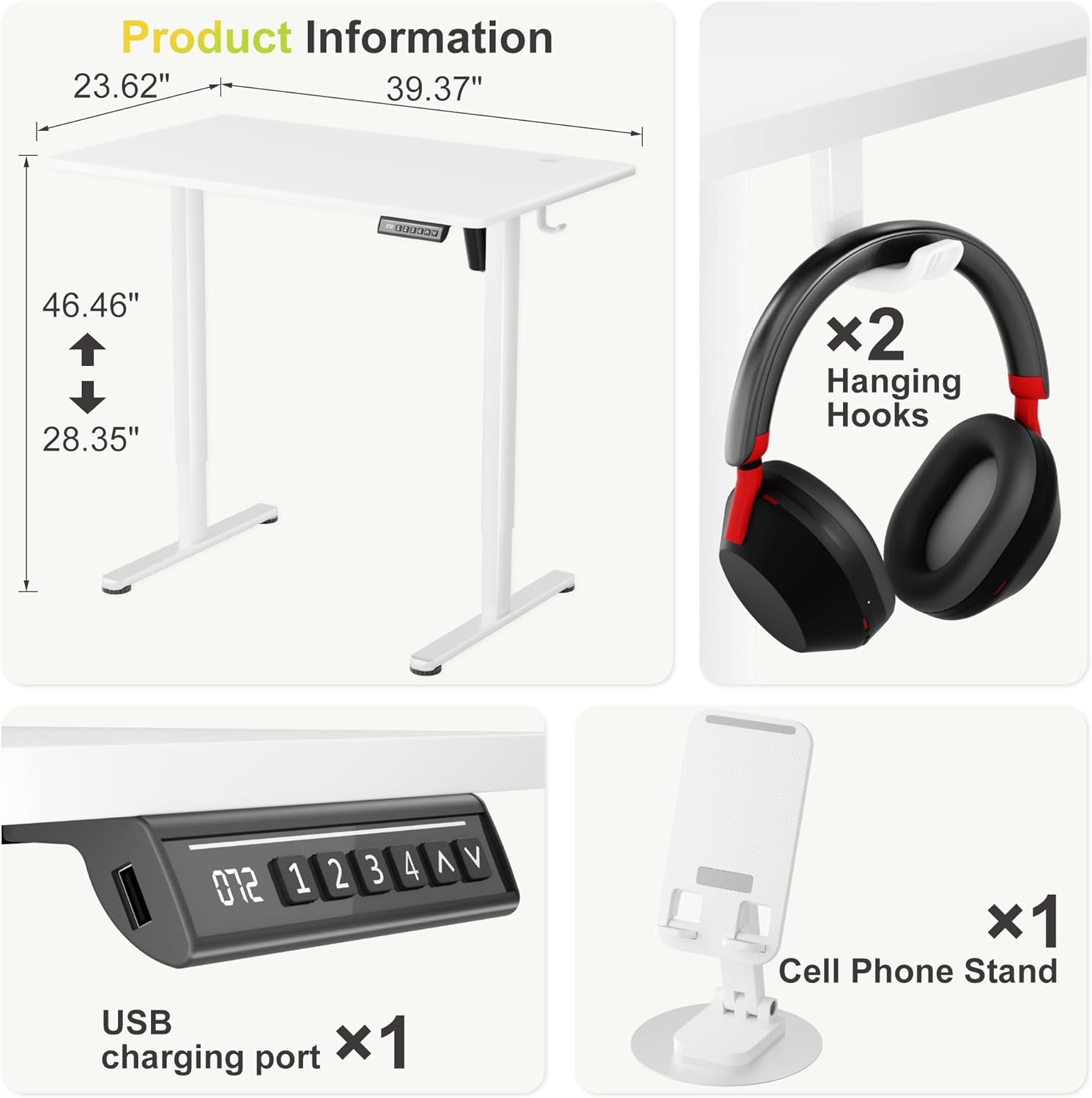 Product dimensions, headphone hooks, phone stand, and USB charging port details
