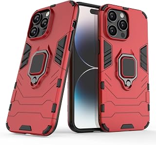 Magnet Case for iPhone 15 Pro Max Shockproof Hard Phone Cover with Grip, Metal Ring Kickstand Bumper Shell [Compatible with Magnetic Car Mount] (Red)