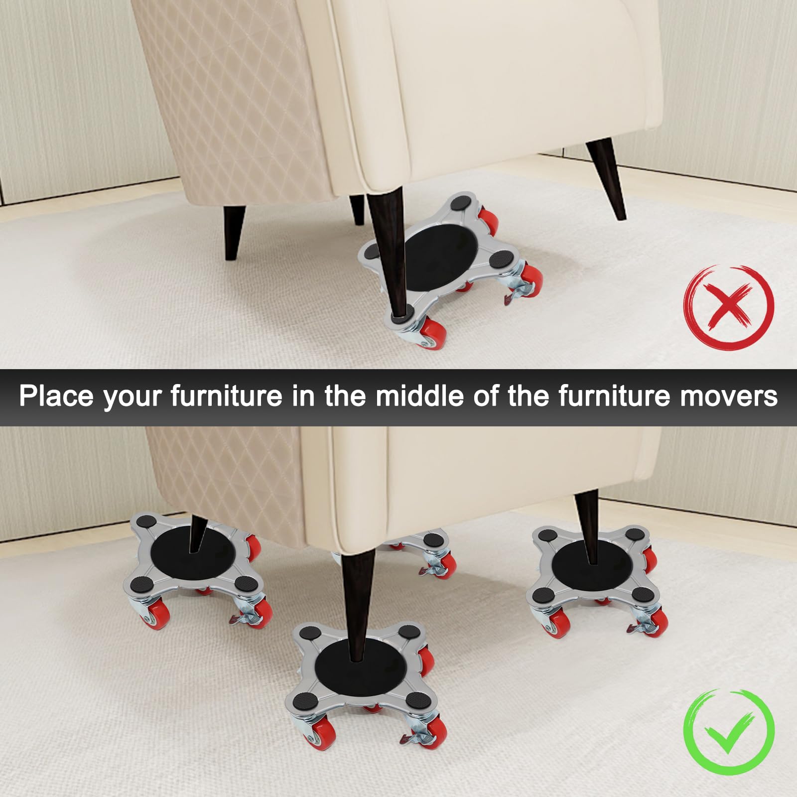 4 Pcs Upgrade Large Furniture Movers 5 Red Wheels, 8x8 Inch Carbon Steel Panel Heavy Duty Support 360Â°Rotation/Lifter Strong Duty Moving Base Tools Easy Moving Large Furniture Mix Up to 3747LB/1700KG