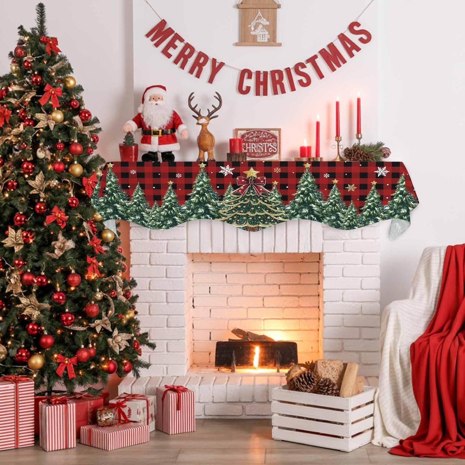 Christmas Tree Mantel Scarf for Fireplace, Red Black Plaid Xmas Trees Snowflake Fireplace Cloth Cover, 60x17 Inch Winter Holiday Mantel Scarves Table Covers for Living Room, Dressing Table Decor