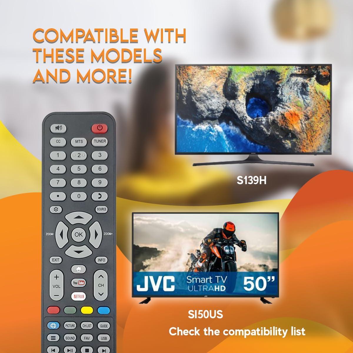 Remote control shown alongside images of JVC TVs, indicating compatibility with models like S139H and SI50US.