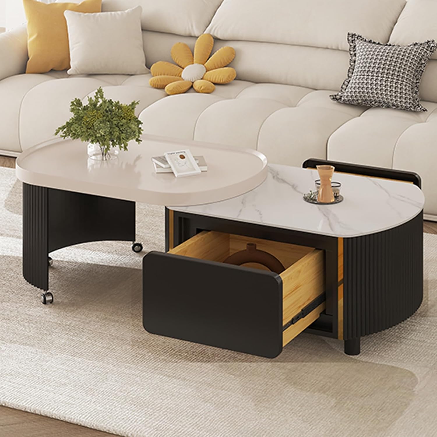 Nesting Coffee Table Set of 2, Closed Storage Center Table, Telescopic Coffee Tables Design, for Small Space, Office, Bedroom, No Assembly, Black/White(Black)