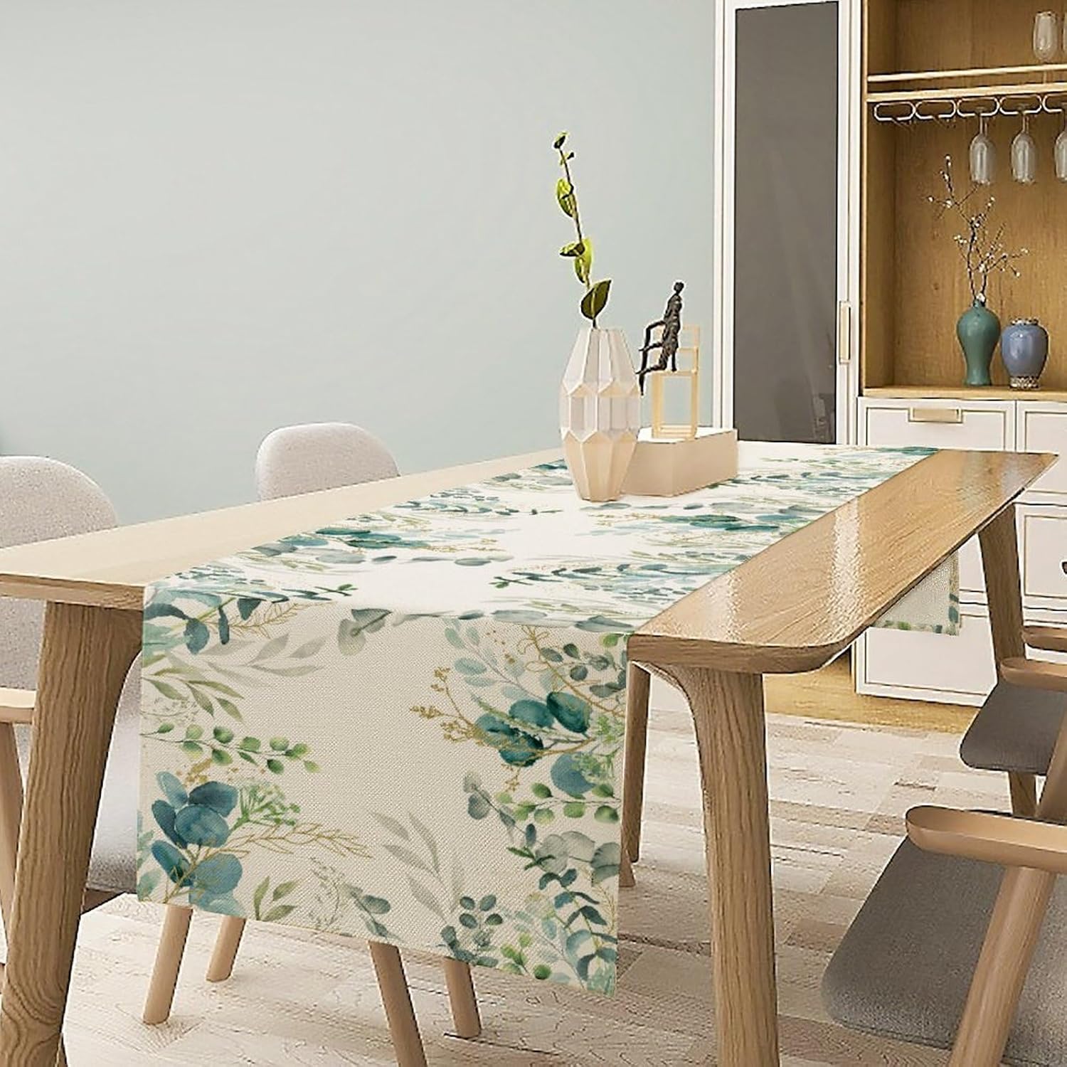 Eucalyptus Table Runner, Seasonal Floral Sage Blue Spring Summer Green Plants Table Runner for Coffee Table Home Party Kitchen Dining Table Wedding Party Decor, 13x108 inches