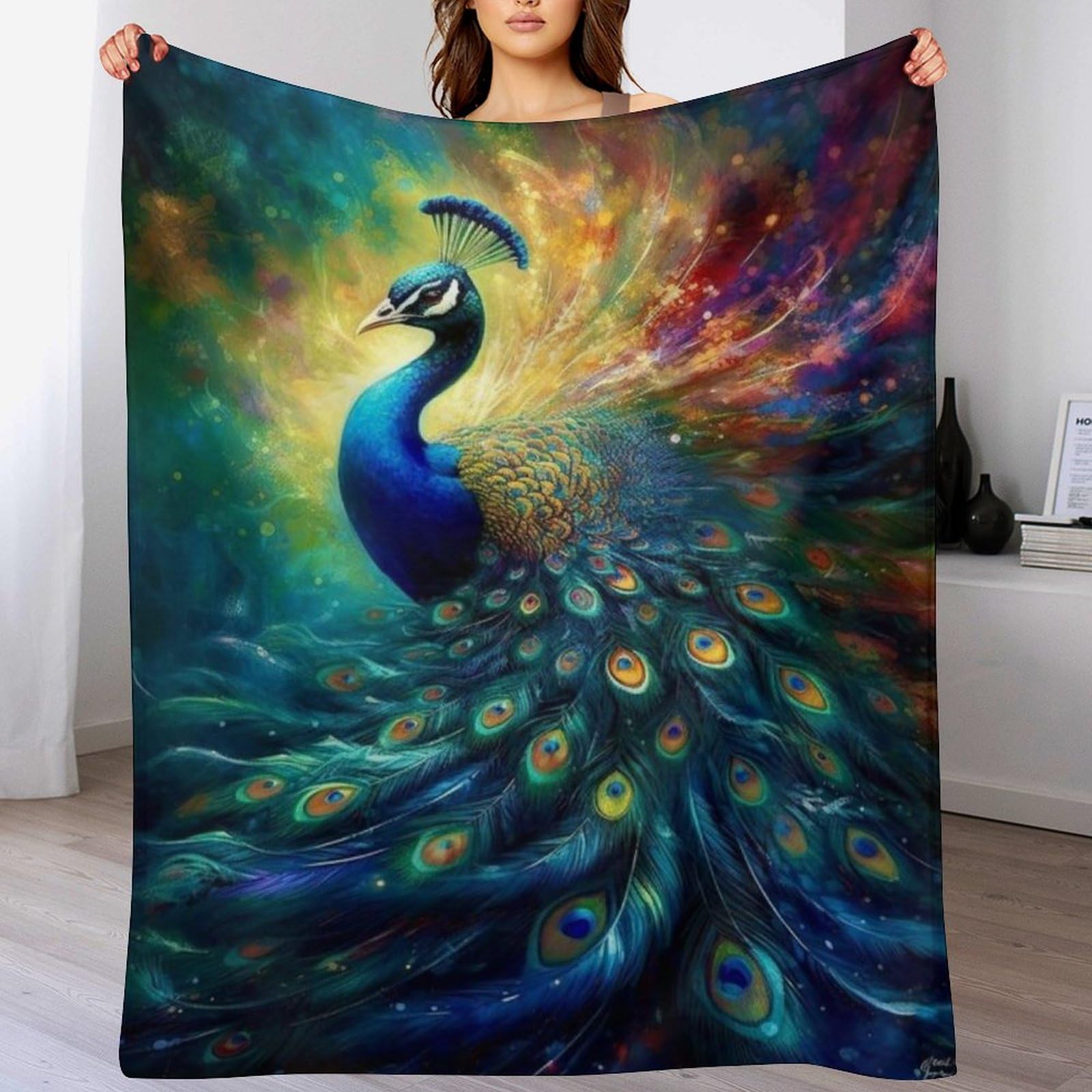 Couverture polaire paon contre les soirees froides sur le lit ou le canape en hiver