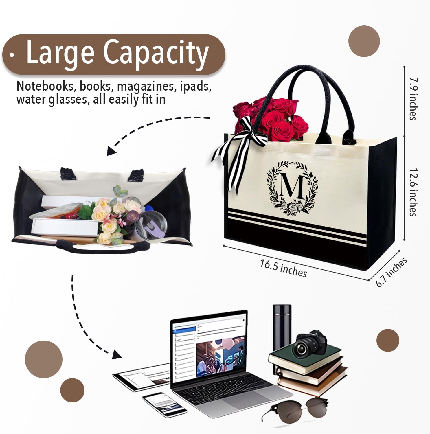 Personalized Initial Canvas Tote Bags, Monogrammed Tote Bag Gifts for Women Teacher Friend for Birthday Wedding image 4