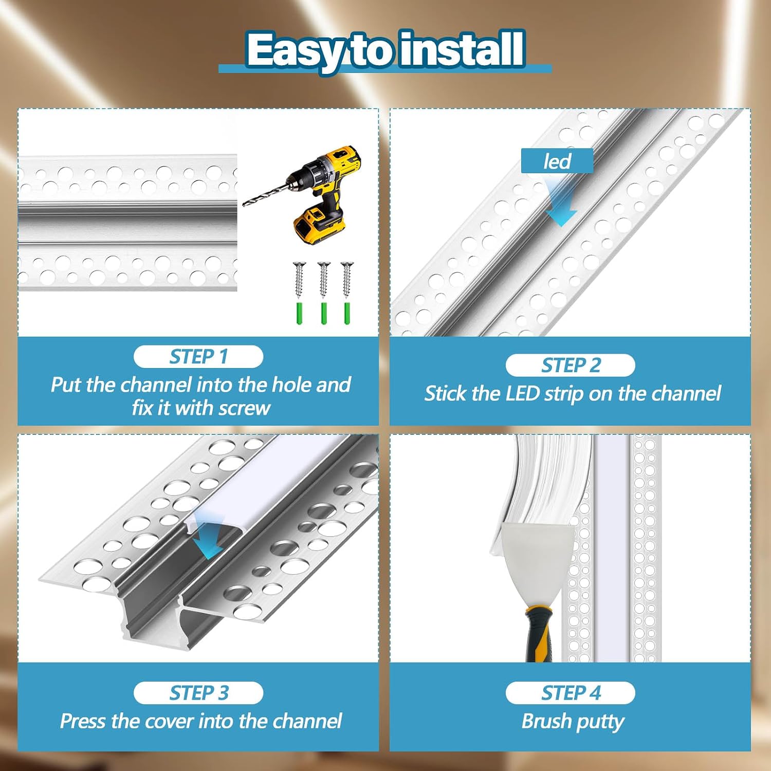 Glooglitter 20 Pack 6.6ft/ 2 Meter Plaster-in LED Channel Trimless Diffuser Channel Recessed Drywall Aluminum LED Profile with End Caps for Wall Drywall Ceiling (0.49 Inch Wide)