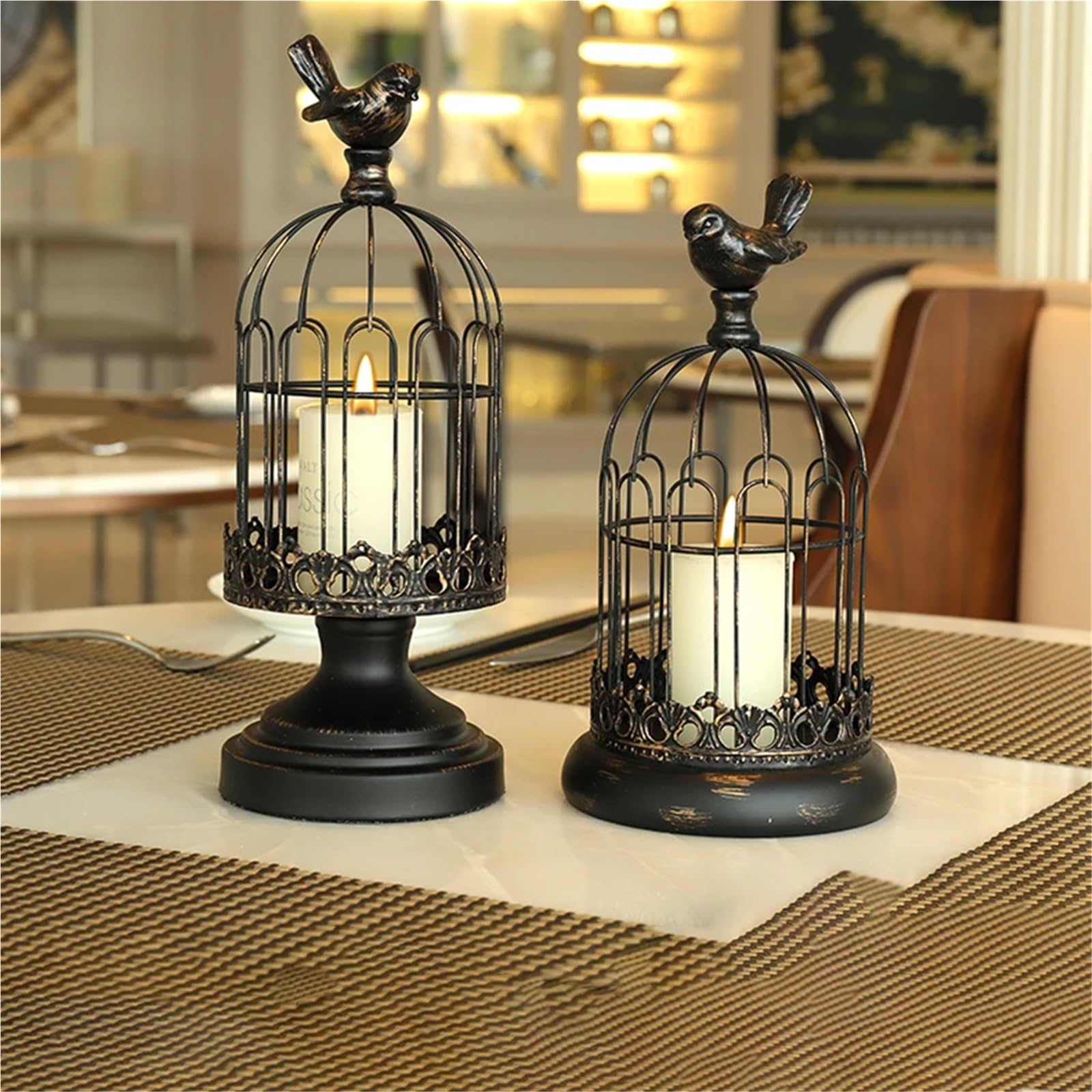 Portavelas de metal con forma de jaula para pájaros, para mesa, boda, fiesta, oficina, sala de estar, decoración (negro, 14 x 31,5 cm)