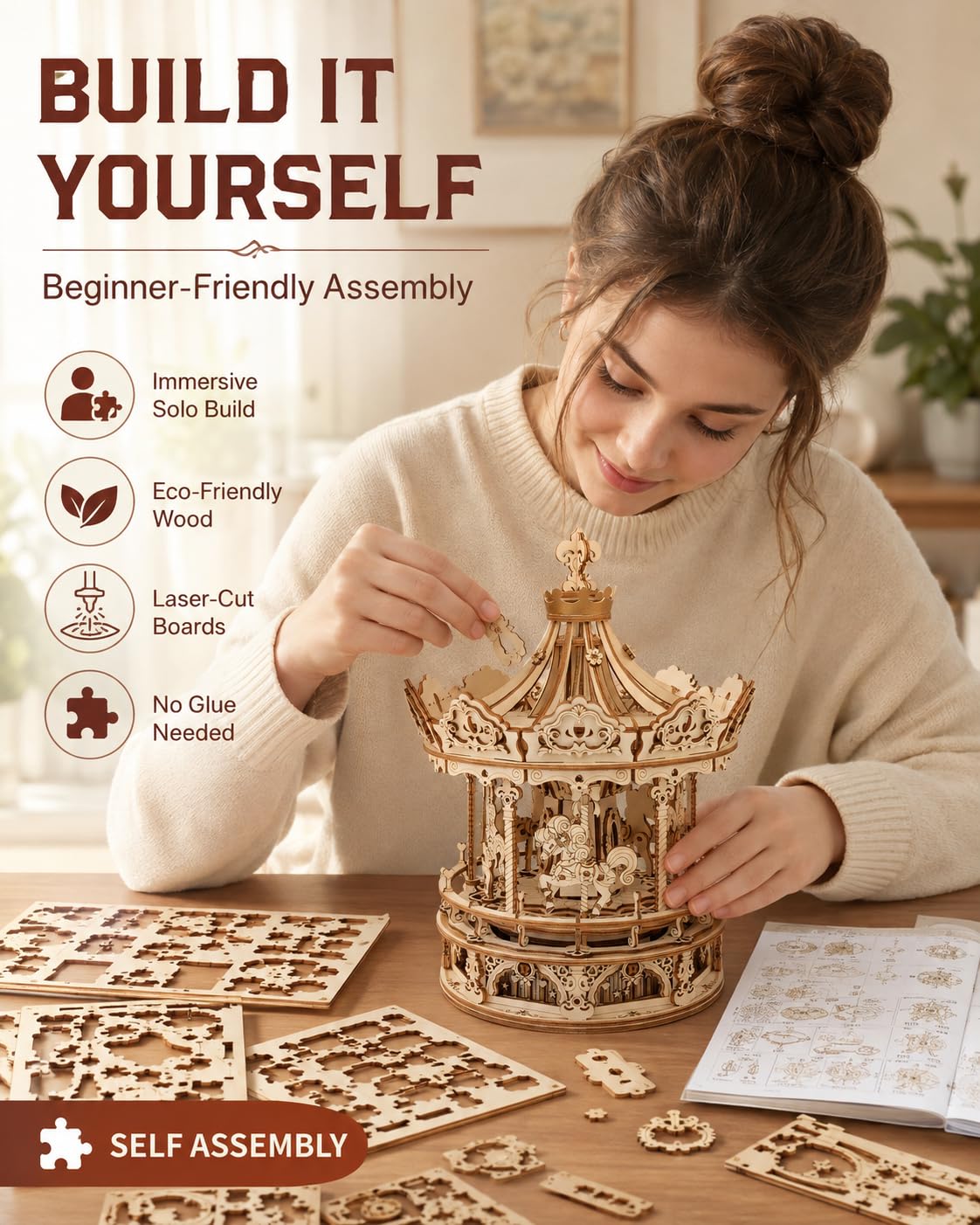 ROKR 3D Holzpuzzle für Erwachsene Modellbausatz Karussell Spieluhr,AMK62 | Nostalgische Karusselldeko, Regaldeko, Geschenk für Musikliebhaber und Sammler