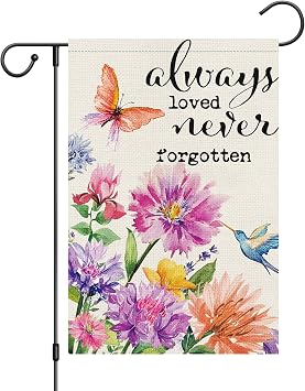 Louise Maelys Memorial Garden Flag Always Loved Never Forgotten Floral Hummingbird 12x18 Inch Double Sided Grave Cemetery Flower Small Burlap Spring Holiday Yard Outdoor Outside Home House Decor