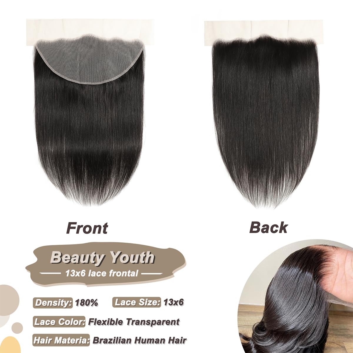 beauty youth 13x6 Straight Lace Frontal Transparent Pre Plucked Ear to Ear Lace Frontal Closure With Baby Hair Free Part Brazilian Virgin Human Hair 180% Density 18 Inch
