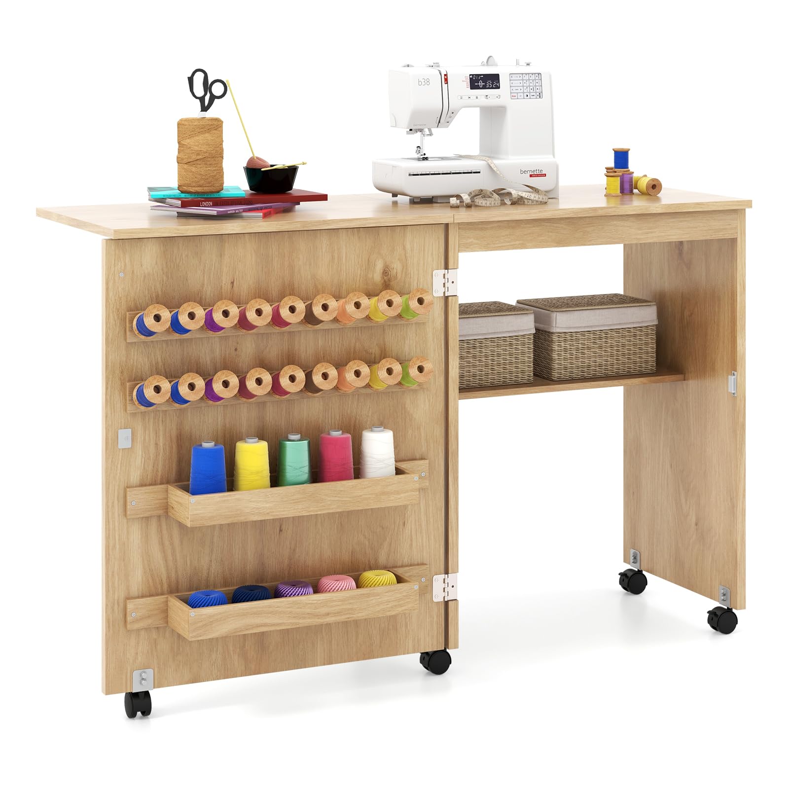 GIANTEX Table de Couture Pliante, Meuble Machine à Coudre Pliable avec 5 roulettes Verrouillables, 18 Crochets, 2 Plateaux, 1 Étagère, Bureau de Couture pour Salon, Studio (Naturel, 116 x 40 x 78 cm)