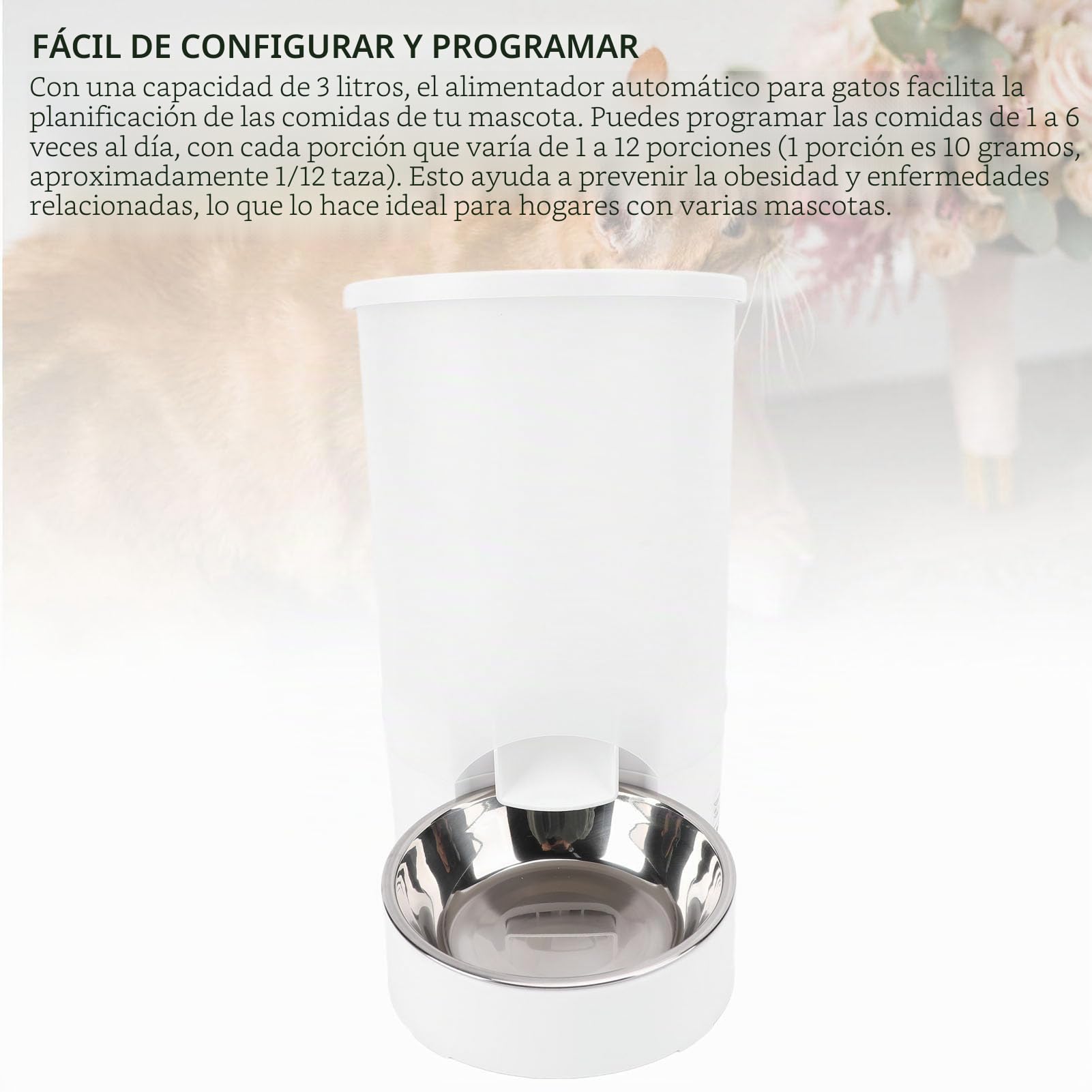 Total Machine Cat Dispensador de Alimentos Automático para Gatos y Perros, 3L, WiFi 2.4g, Tazón Doble, hasta 12 Porciones/6 Comidas por Día