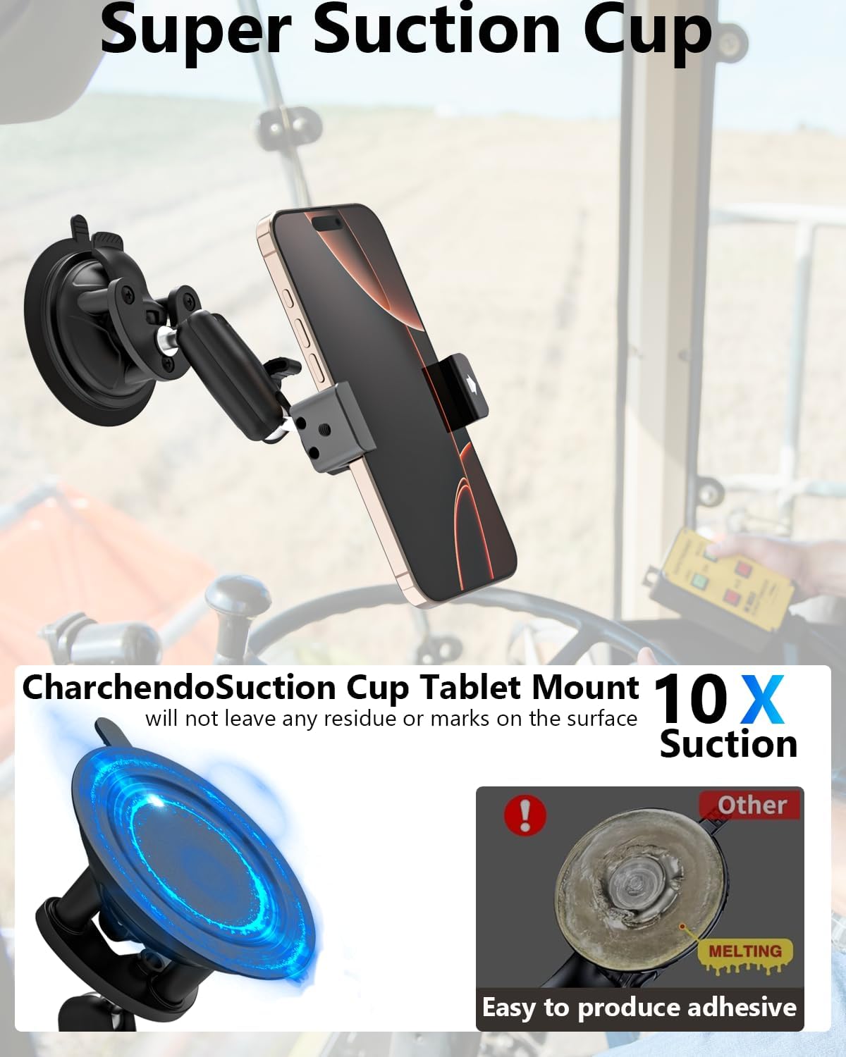 Charchendo Tractor Windshield Phone Mount [Vacuum Sealed Suction Cup], Windshield Phone Holder for Forklift/Farming Machine/Boat, Compatible with iPhone 16 15 14 13 12 Pro Plus Max Mini and All Phones