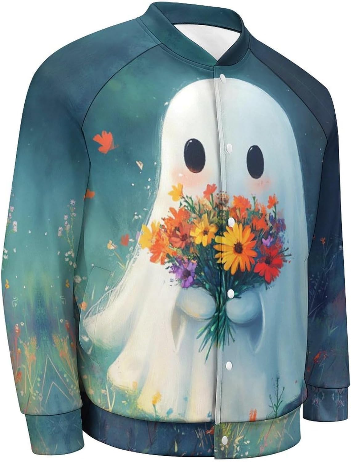 Ghost Flowers Men's Baseball Jackets Lightweight Sweatshirts Sport Sweater Long Sleeve Coat with Pocket