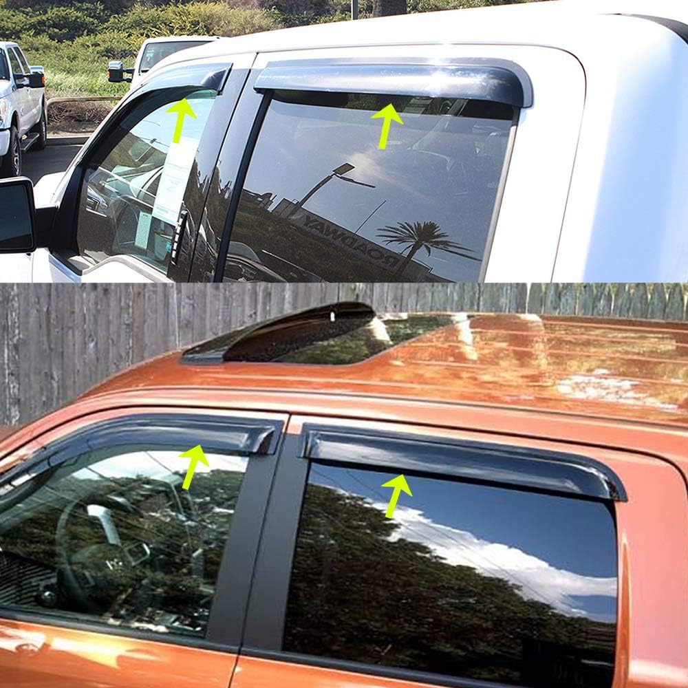Tape-on Ventvisor Side Vent Window Deflector Window Visors Compatible with 2009-2018 RAM 1500 2500 3500 Crew Cab Vent Rain Deflector Sun Guard Wind Deflector Dark Smoke, 4-Piece Set