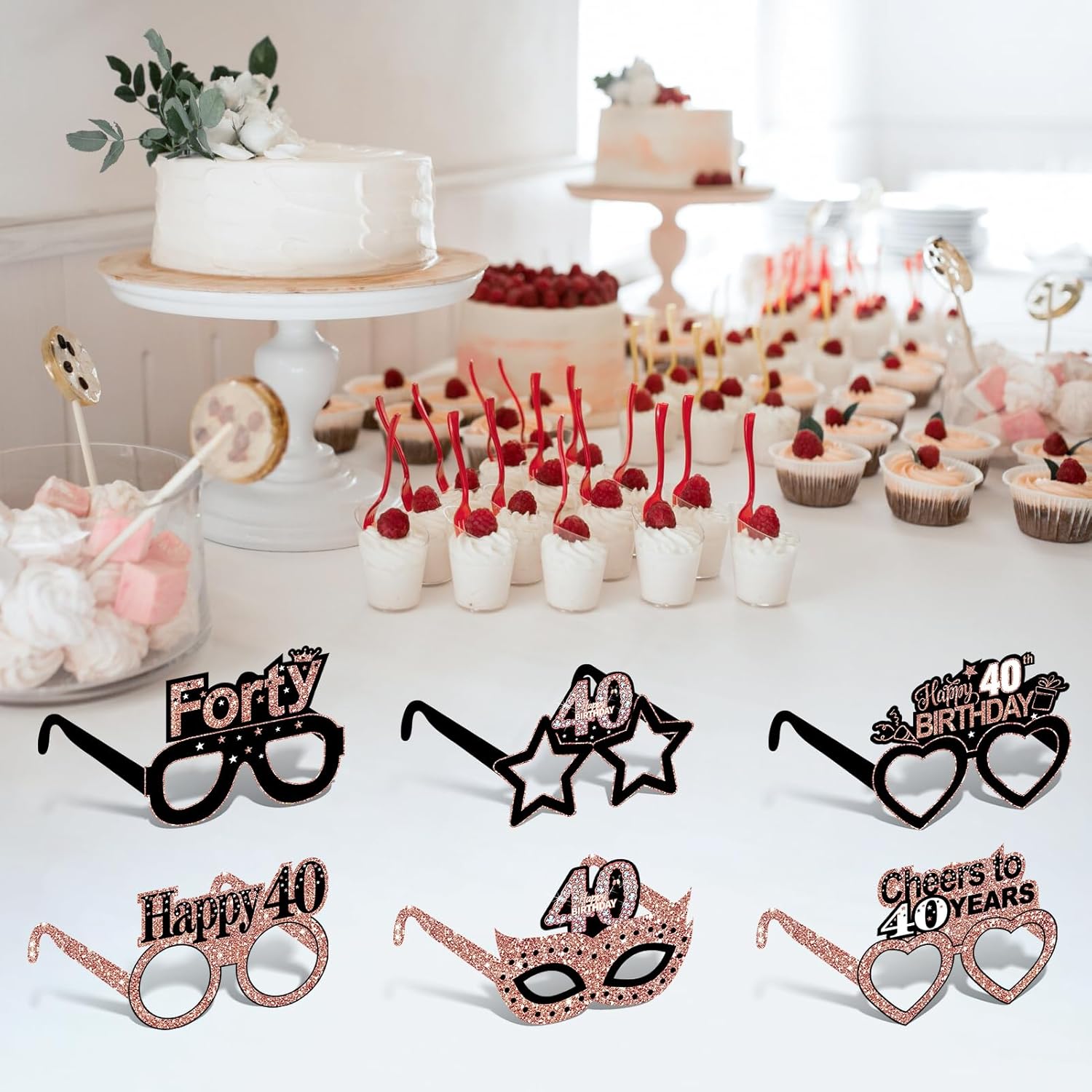 Zirtorei 24pcs 40th Birthday Paper Eyeglasses Decorations for Women, Rose Gold Happy 40th Birthday Eyeglasses Party Supplies, Cheers to 40 Years Bday Glasses Hello Forty Photo Booth Props Decor - Image 5
