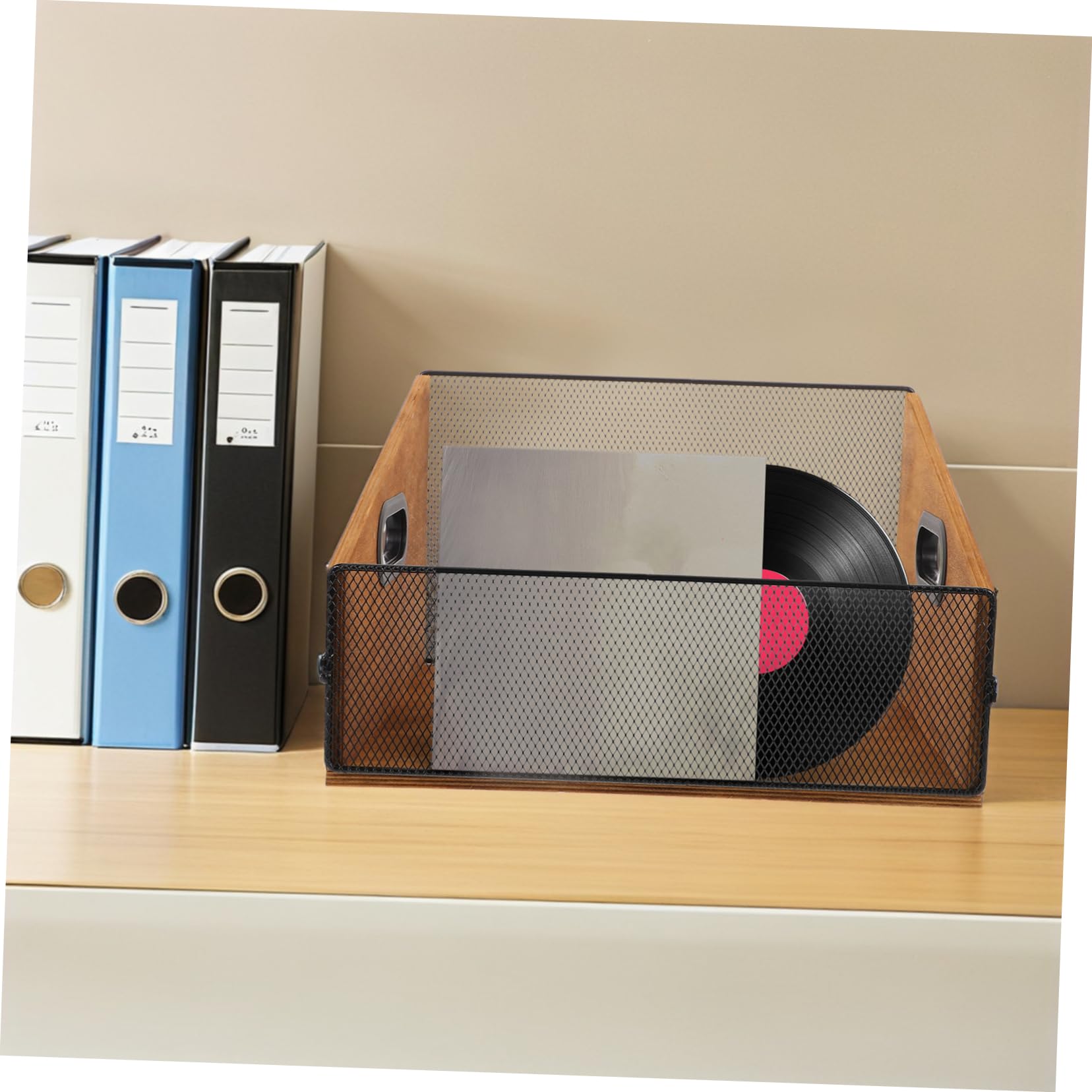 Cassa di Stoccaggio Rustica per Dischi in Vinile con Manici | Legno e Ferro, Colore Coffee, per Riviste e Fascicoli, Adatta a Studio e Scrivania