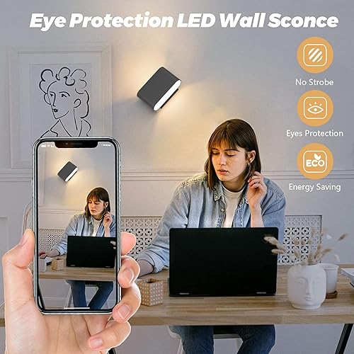 Miniatura 3 de Aipsun Juego de 2 apliques de pared LED modernos negros para interiores, con cableado arriba y abajo, para sala de estar, dormitorio, pasillo,