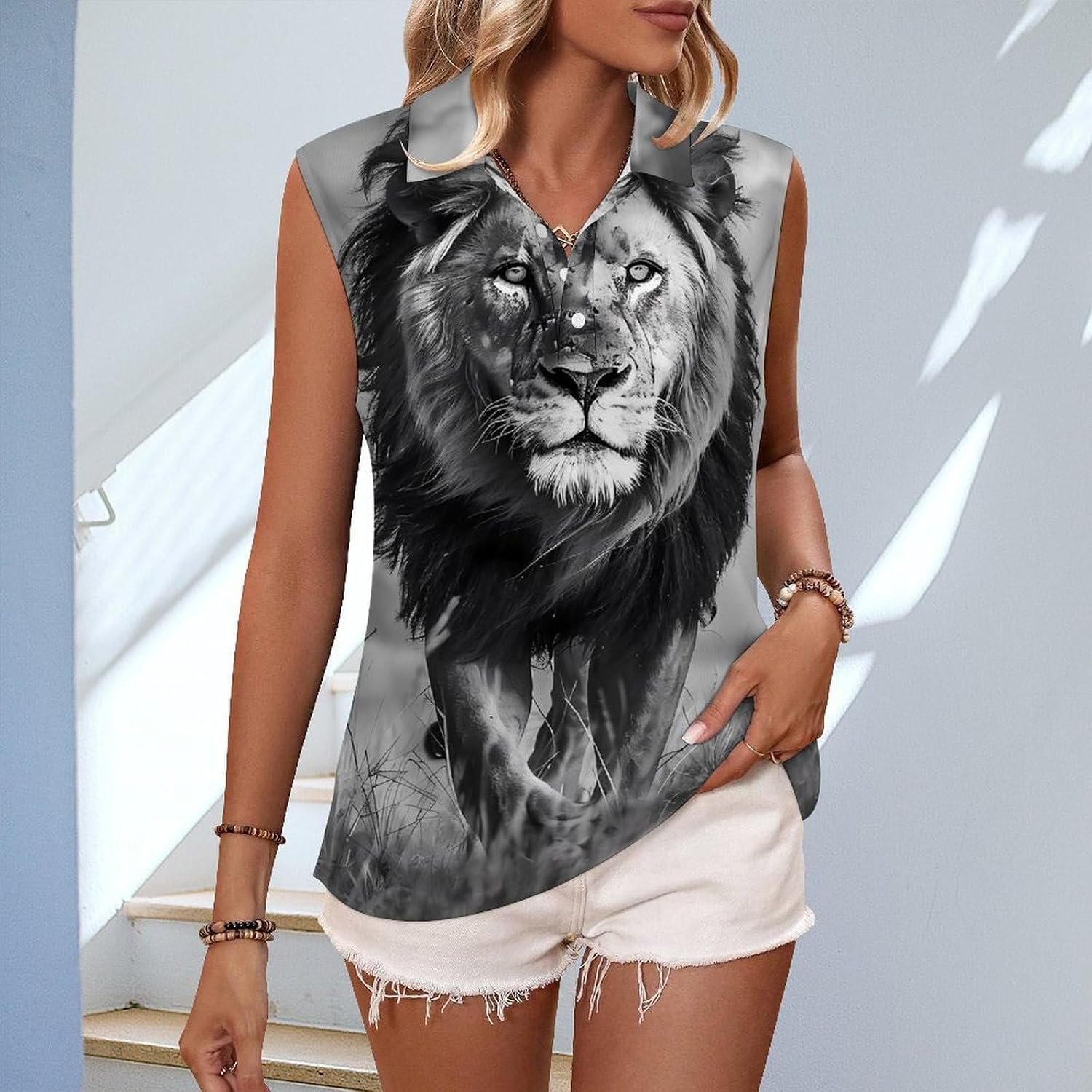 Lion Walking Women Sleeveless Collared Golf Polo Shirt | V Neck Tank Top,Breathable Tennis Shirts