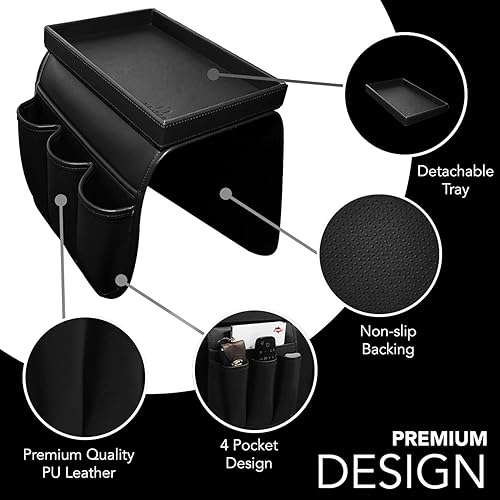 Miniatura 3 de Organizador de sofá con bandeja de madera desmontable para colchones reclinables, reposabrazos de silla con 4 ranuras, 1 bolsillo grande y 3 Negro