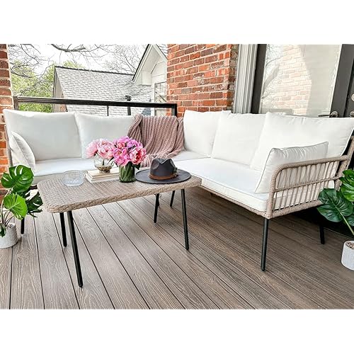 YITAHOME 4 Pieces Patio Furniture Set, Outdoor Rattan Woven Conversation Sectional L-Shaped Sofa with 5 Seater for Backyard, Porch, Boho Detachable Lounger with Cushions and Side Table - Beige