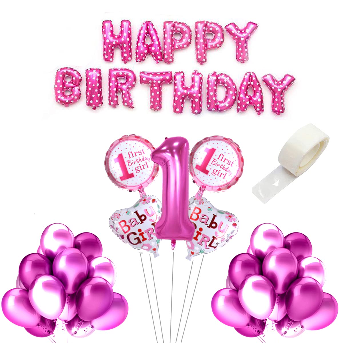 Rozi Decoration Happy Birthday, 1st Birthday Foil Balloon Metallic Balloon Pink With Glue Dot For 1st Birthday Girl Theme Decor Pack of 69 Piece