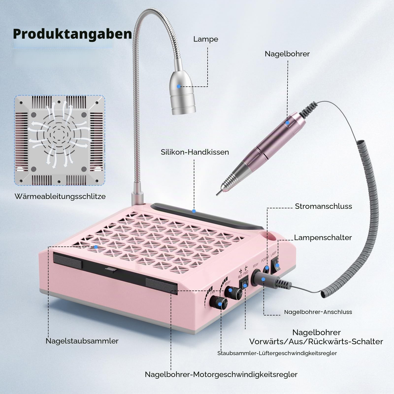 4 in 1 elektrische Nagelbohrer, 30000 U / min professioneller Nagelstaubkollektor 80W leistungsstarkes Vakuum, 6W rotatable LED -Licht niedriges Geräusch mit 3 Dateien für Salon Home Use (Pink)