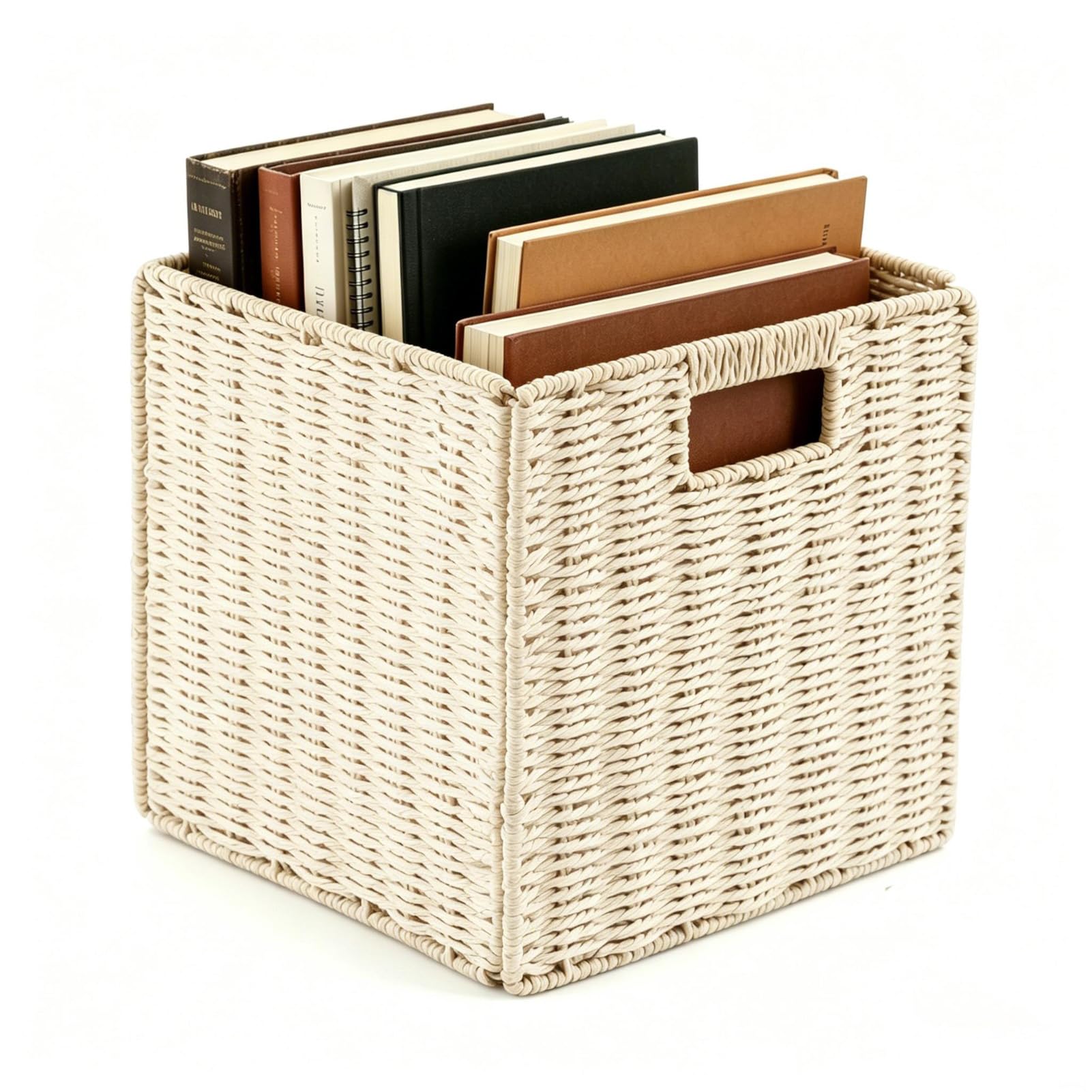 Minifactory Faux Wicker Storage Baskets with Handles Foldable Cube Organizer Bins for Shelves Sturdy Woven Baskets for Laundry Books & Pantry Organization Home Decor Storage Solution (Beige, Medium) โ image 1