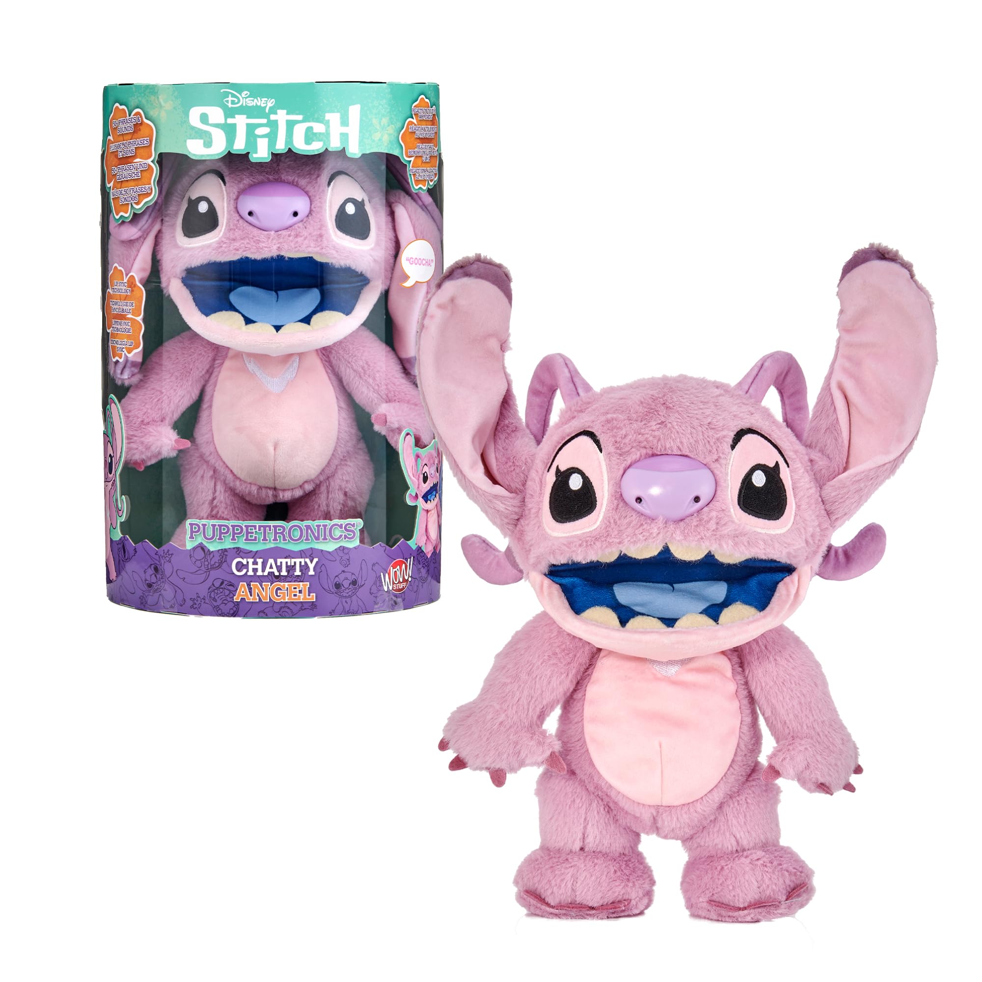 Disney Chatty Angel Deluxe Puppetronic, Peluche de Angel de Lilo & Stitch, Peluche Interactivo con Funcionamiento de Marioneta, 50+ Movimientos y Sonidos, 6+ años, Famosa (RE003000)