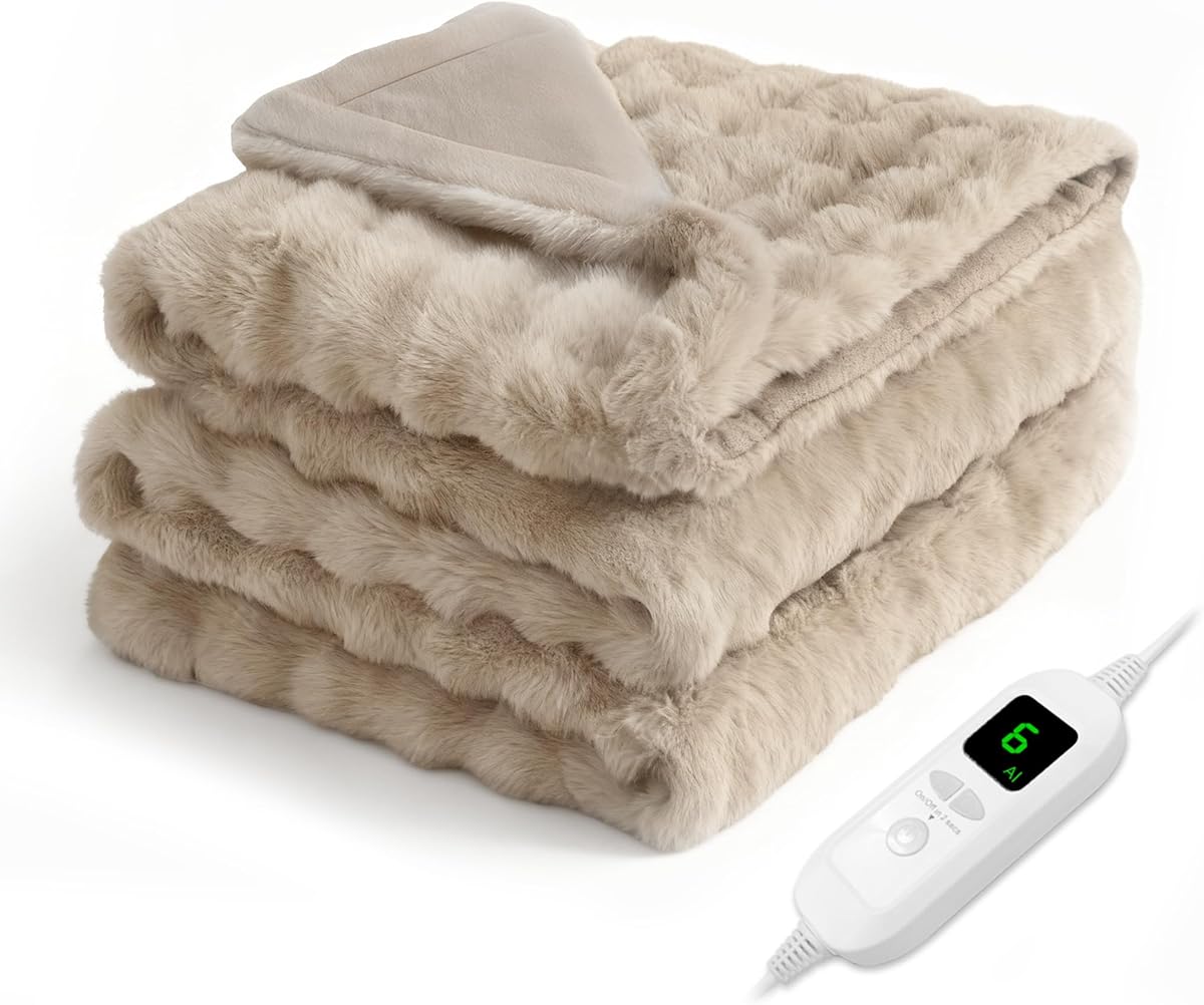 Electric Blanket for Covering and Laying, 2025 AI Automatic Temperature Adjustment, Surface Rabbit Fur Style + Flannel Back, 63.0 x 31.5 inches (160 x 80 cm), Lap Blanket, Shoulder Wrap, Washable, 12