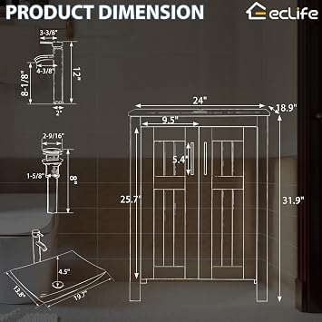 eclife 24 Bathroom Vanity with Sink Combo, Modern Freestanding Cabinet with Soft Closing Grooved Doors, Vessel Sink Top, Faucet & Pop Up Drain (White Curved, 24 White)