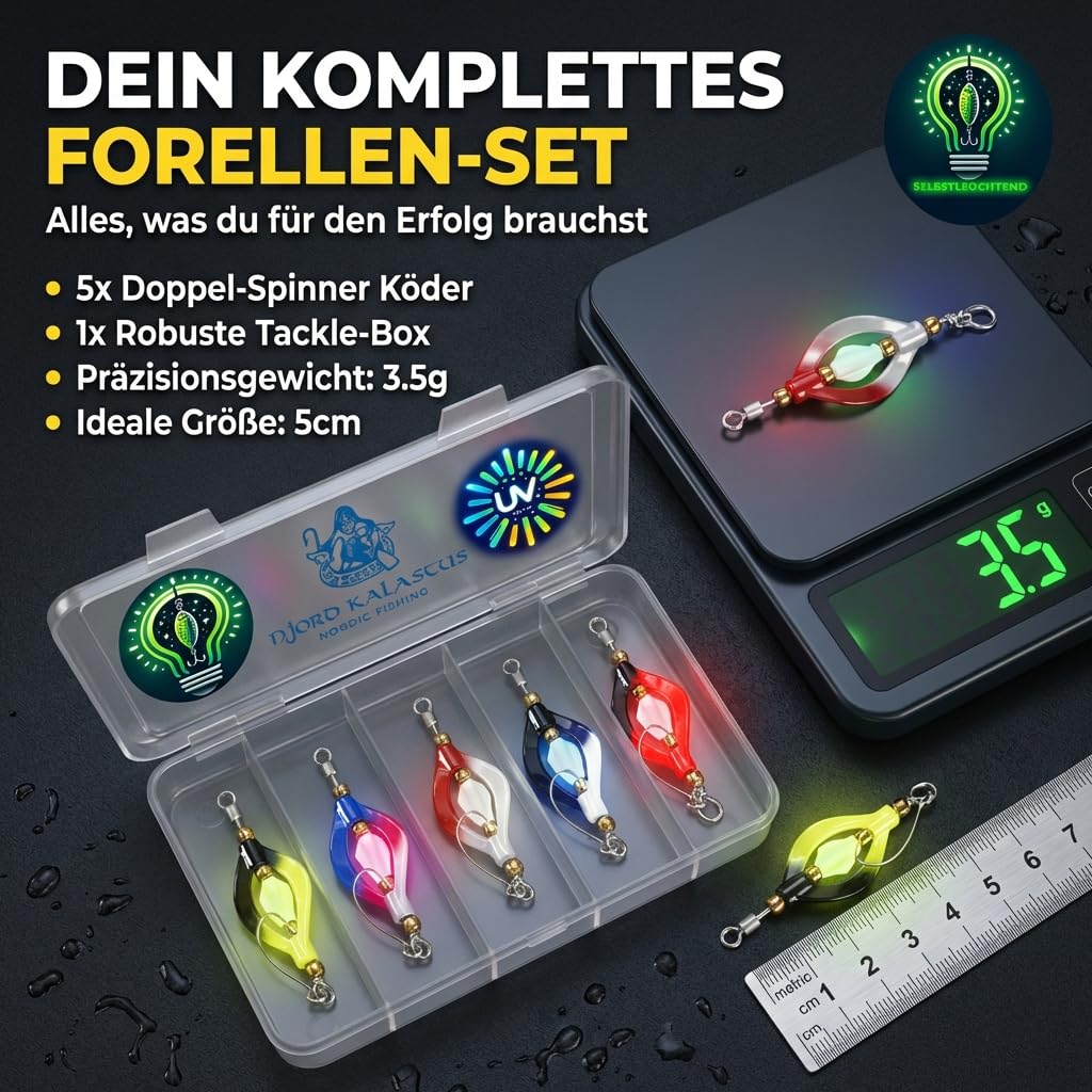 Double Spoon - Lot de 5 cuillères à truite actives UV et phosphorescentes (3,5 g) - 5 cm - Twister Spinner - Pour truite, pêche, truite
