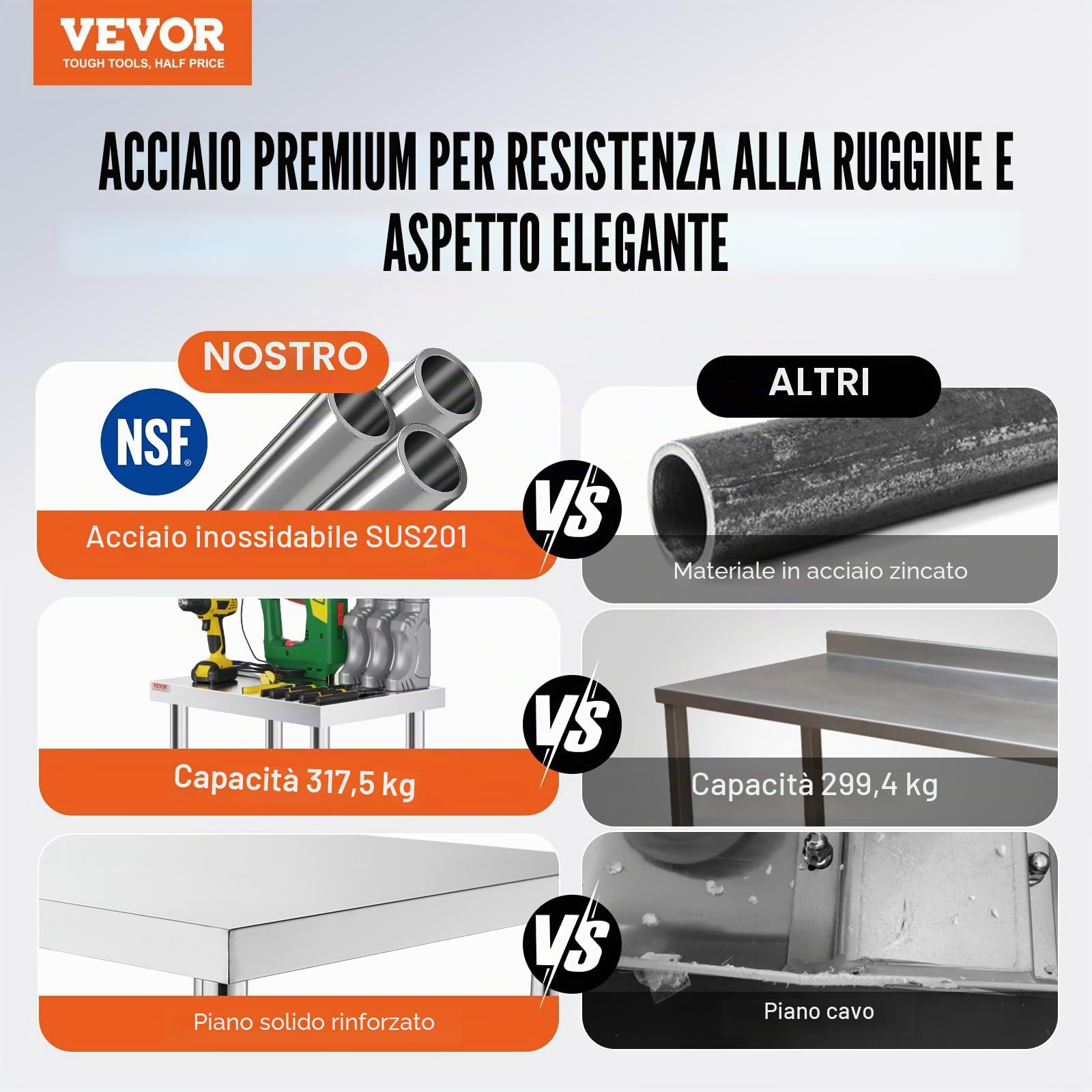 VEVOR Tavolo da Lavoro in Acciaio Inossidabile 76 x 60 x 85 cm, con 4 ruote, banco da lavoro commerciale per la preparazione degli alimenti con ripiano flessibile di regolazione per tavolo da cucina