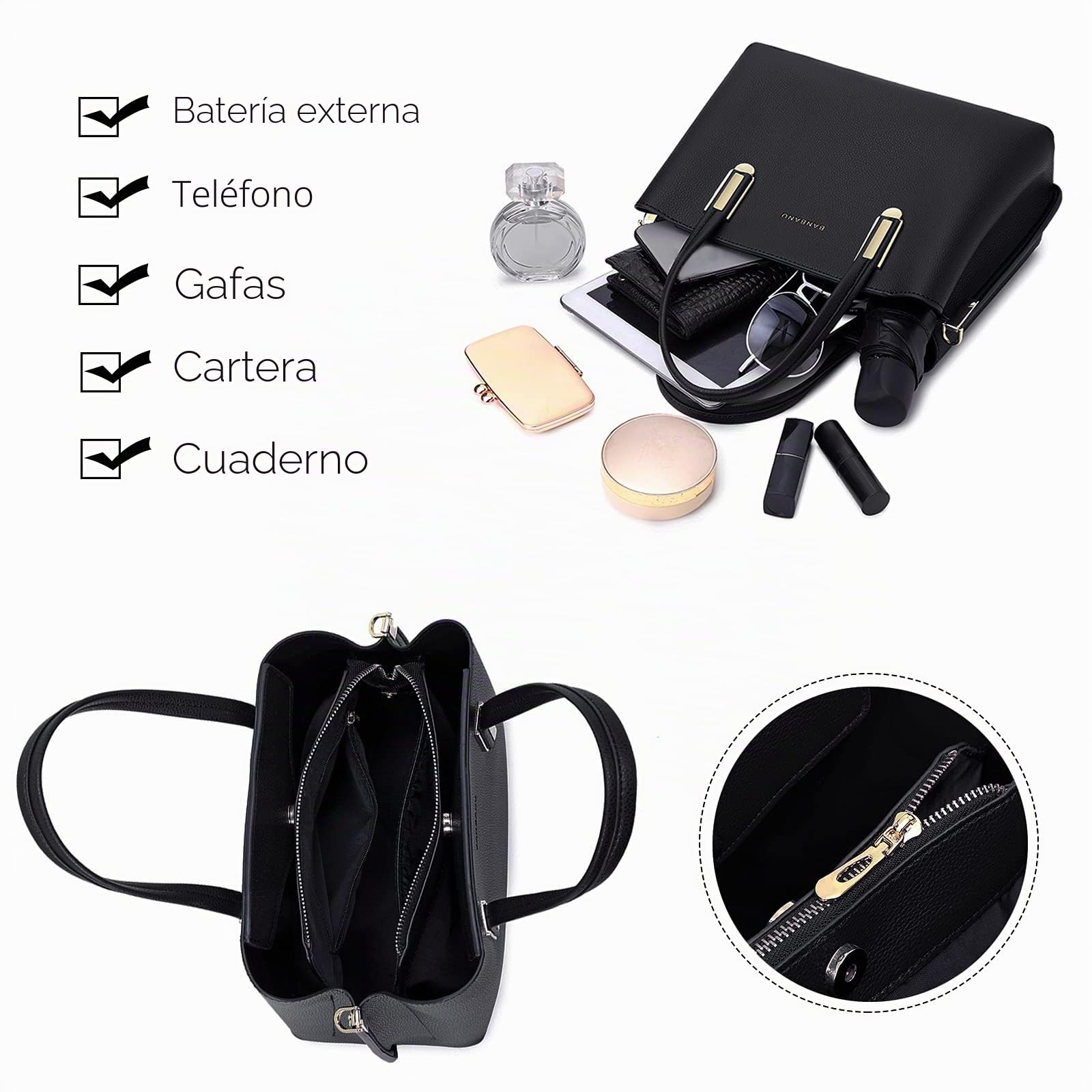 FANDARE Elegante Bolso de Mano Bolsos Cabas Mujer Bolso Bandoleras Cuero PU Impermeable Llevados Hombro Bolso De Hombro Gran Capacidad Compras Escuela Viaje, Negro, large, Elegante