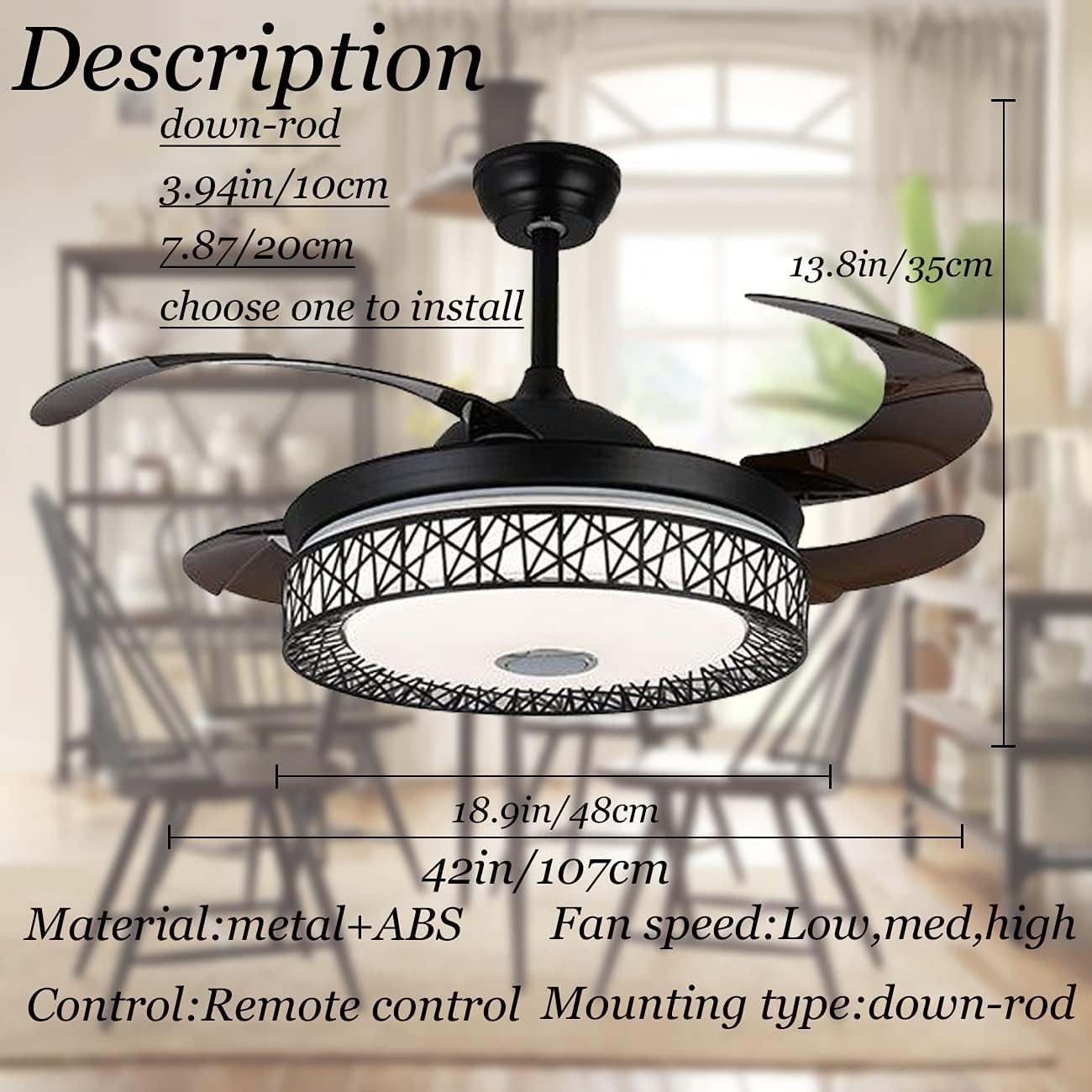 Iammix 42” Modern Retractable Ceiling Fan Indoor Light and Remote Fan Chandelier Light Fixture, Bluetooth Music Player Dimmable Colors, Black Nest Lights Fandelier Bedroom Living Room, 42in*13.8in