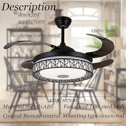 Miniatura 6 de Iammix - Ventilador de techo retráctil moderno de 42 pulgadas, luz interior y ventilador remoto, lámpara de araña con reproductor de música