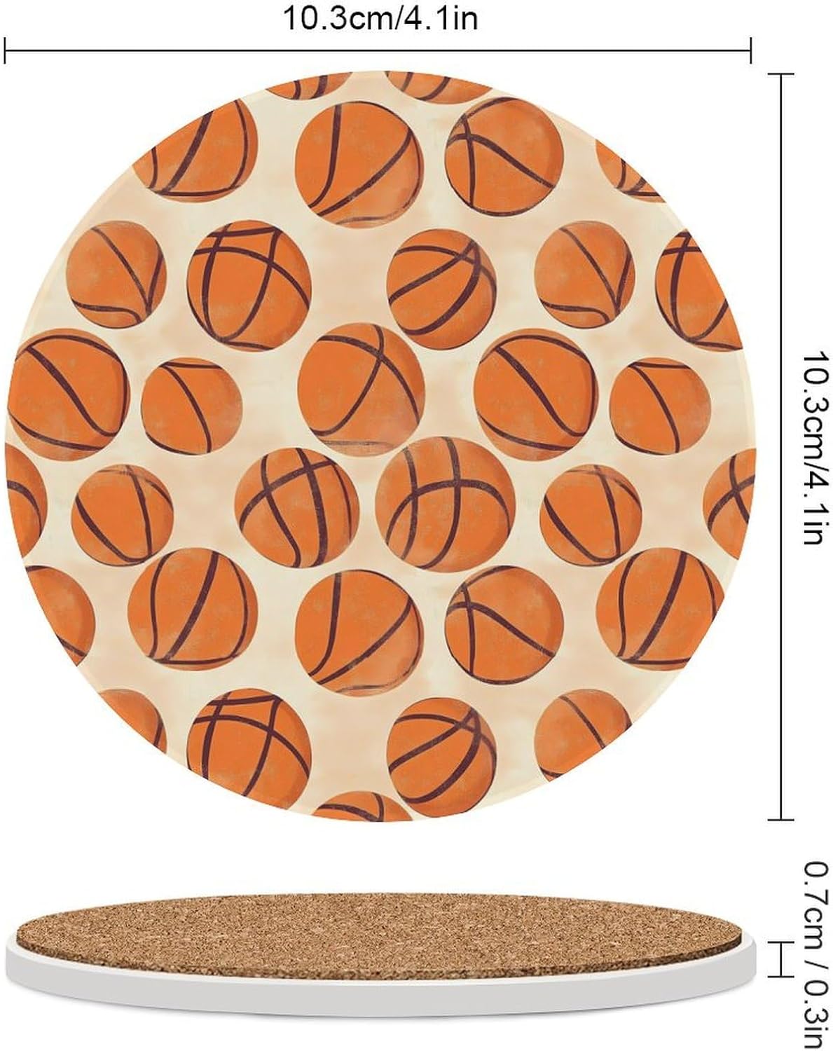 Basketball Pattern Round Ceramic Coasters Print Drinks Absorbent with Cork Base for Home Decor Gifts 4 Inch