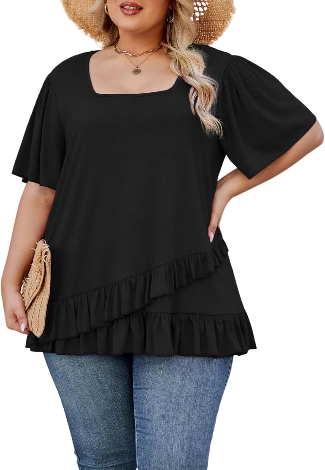 Womens Plus Size Tops Dressy Casual Blouses Square Neck Ruffle Hem Tunic Summer Going Out Shirts Short Sleeve 2025